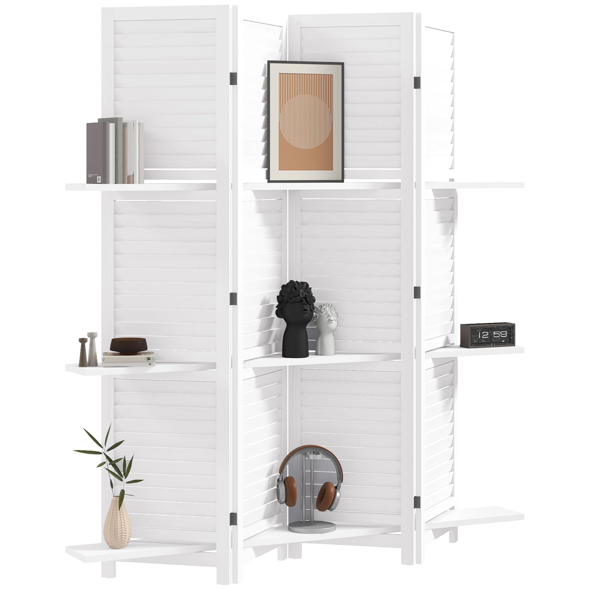 4 Panel 67" Tall Wood Privacy Screen Room Divider with 3 Shelves and Folding Storage for Bedroom, White
