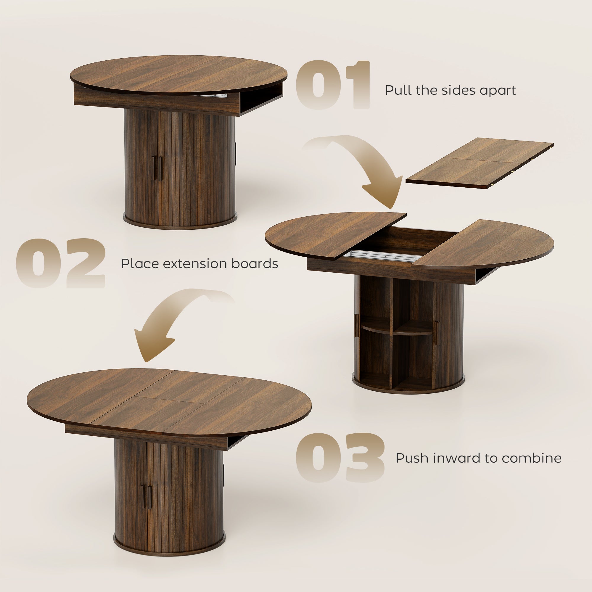 Extendable Dining Table for 6, 60" Farmhouse Kitchen Table with 2-Tier Storage Shelf and Fluted Sliding Doors, Walnut