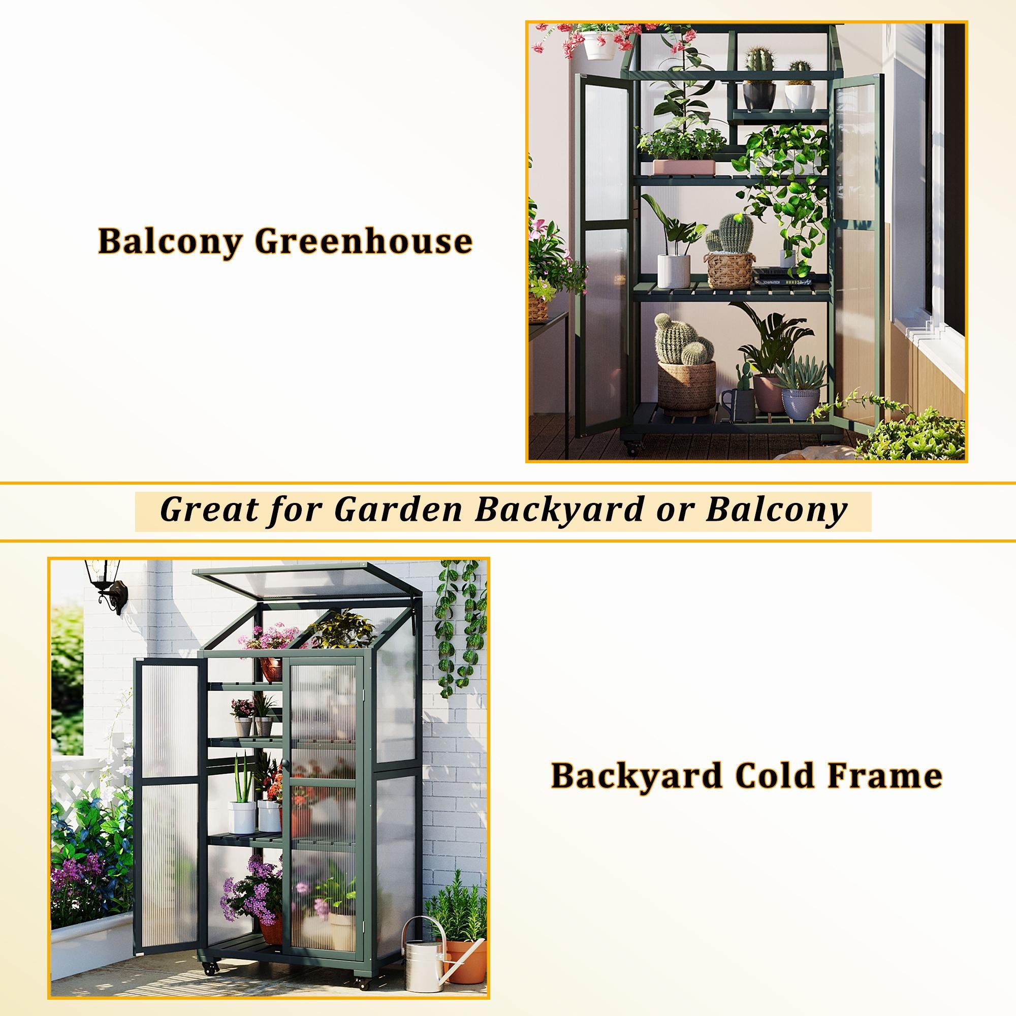 Portable Wood Greenhouse with Wheels & 3-Tier Shelf, Solid Wood Frame with Openable Roof for Balcony, 31.5'' L x 22.5'' W x 62'' H, Green