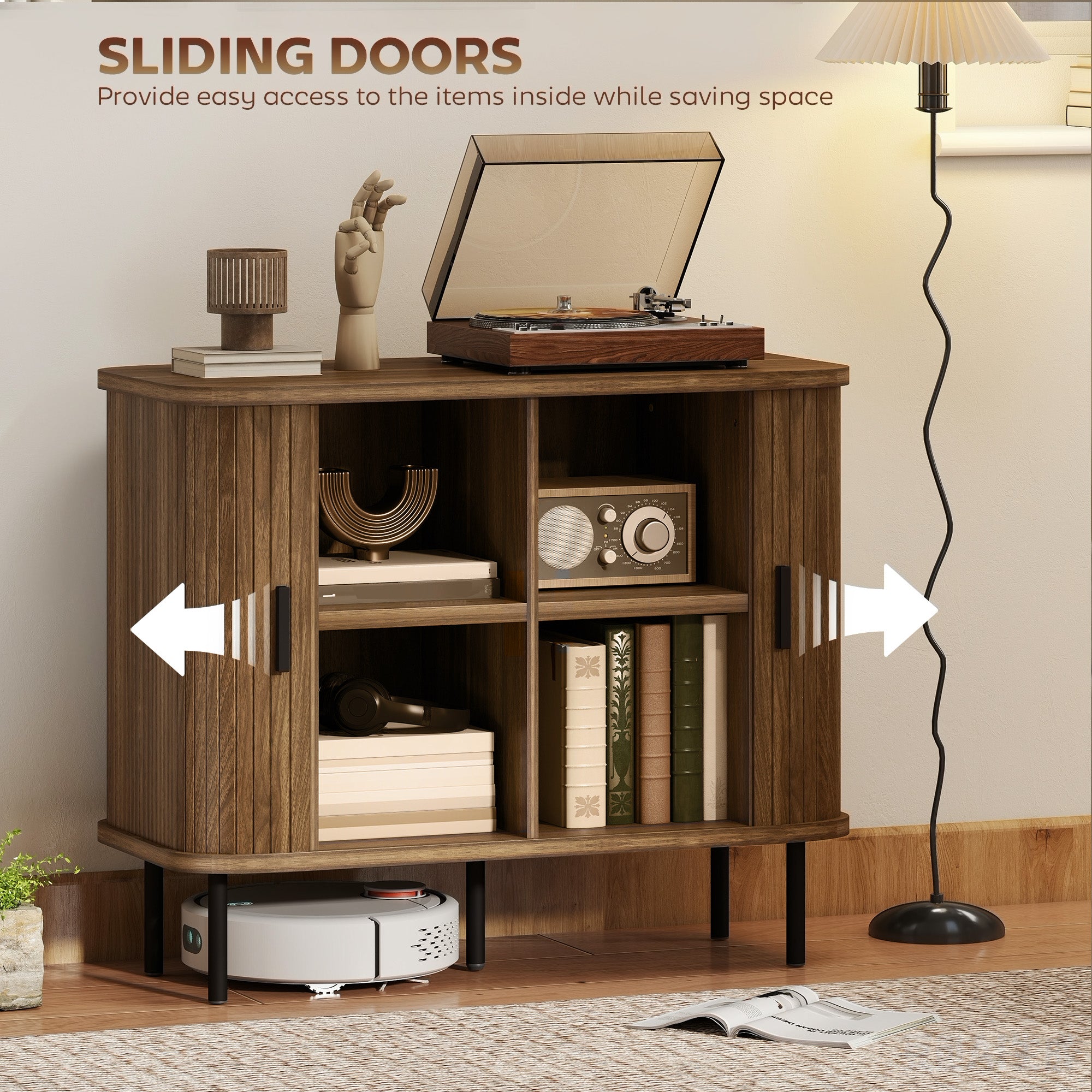 35.4" Sideboard Buffet Cabinet with Storage, Nordic Coffee Bar Cabinet with Slatted Tambour Doors and Metal Legs, Walnut