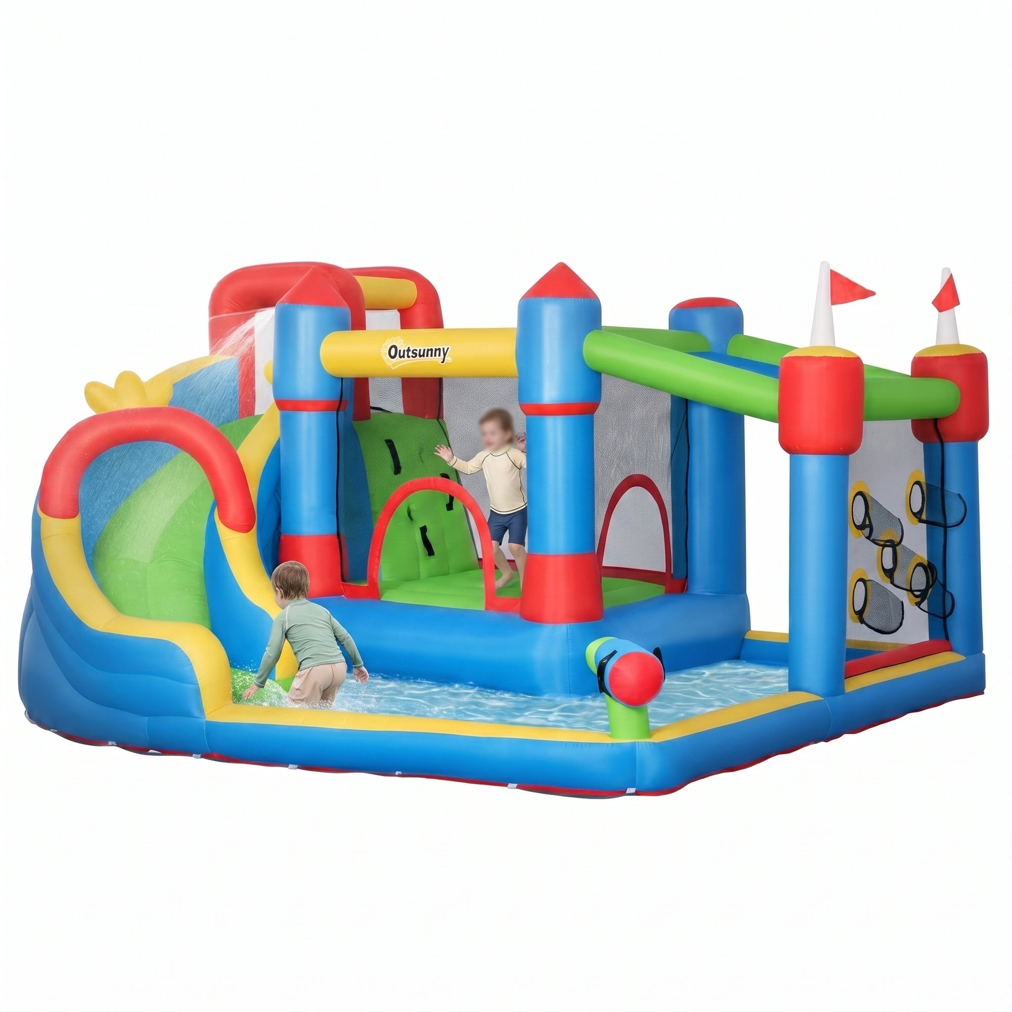 6-in-1 Inflatable Water Slide with Splash Pool, Slide, Climbing Wall, Water Cannon, Inflatable Bounce House for Kids with 2 Min. Inflation