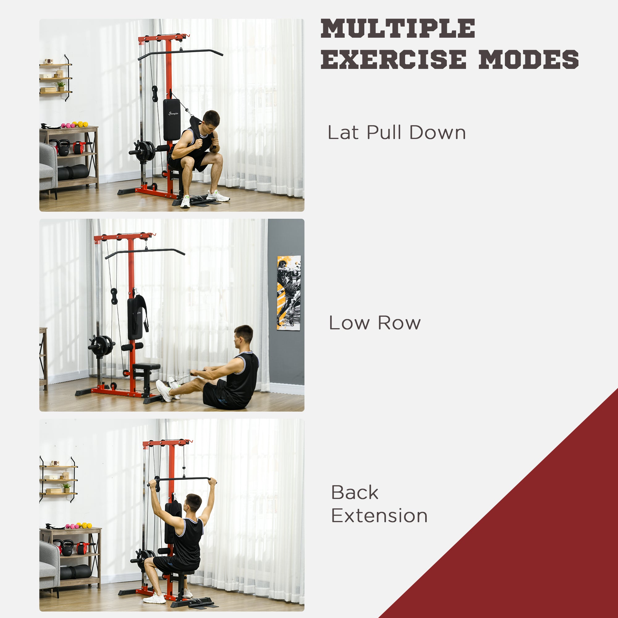 Lat Pull Down Machine, High / Low Pulley Machine with Adjustable Seat and Flip-Up Footplate, Red