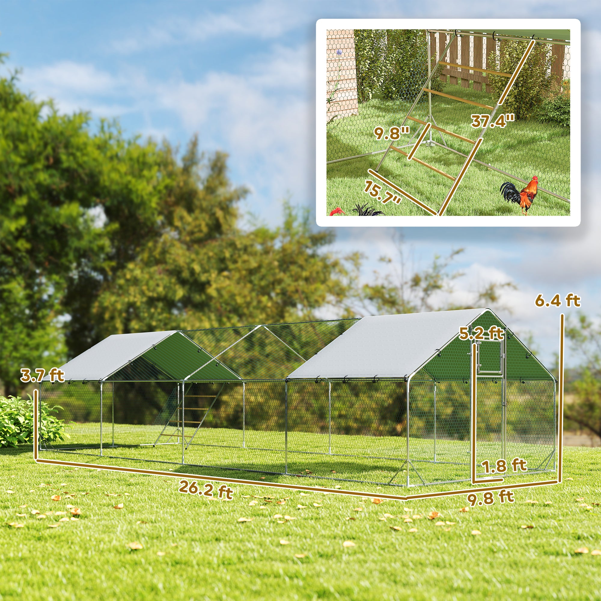 Metal Chicken Coop, 26' x 10' x 6.4' Large Chicken Run with Feeding Door, Waterproof Cover, Hanging Feeder, Perch