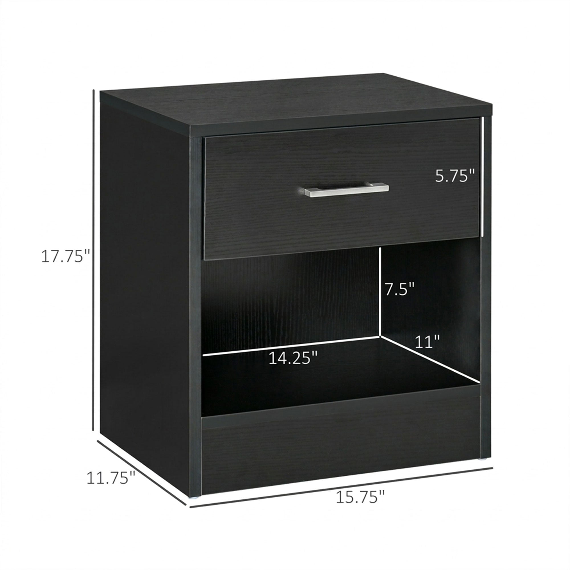 Modern Side Table with Drawer and Storage Shelf, End Table for Living Room, Black Wood Grain