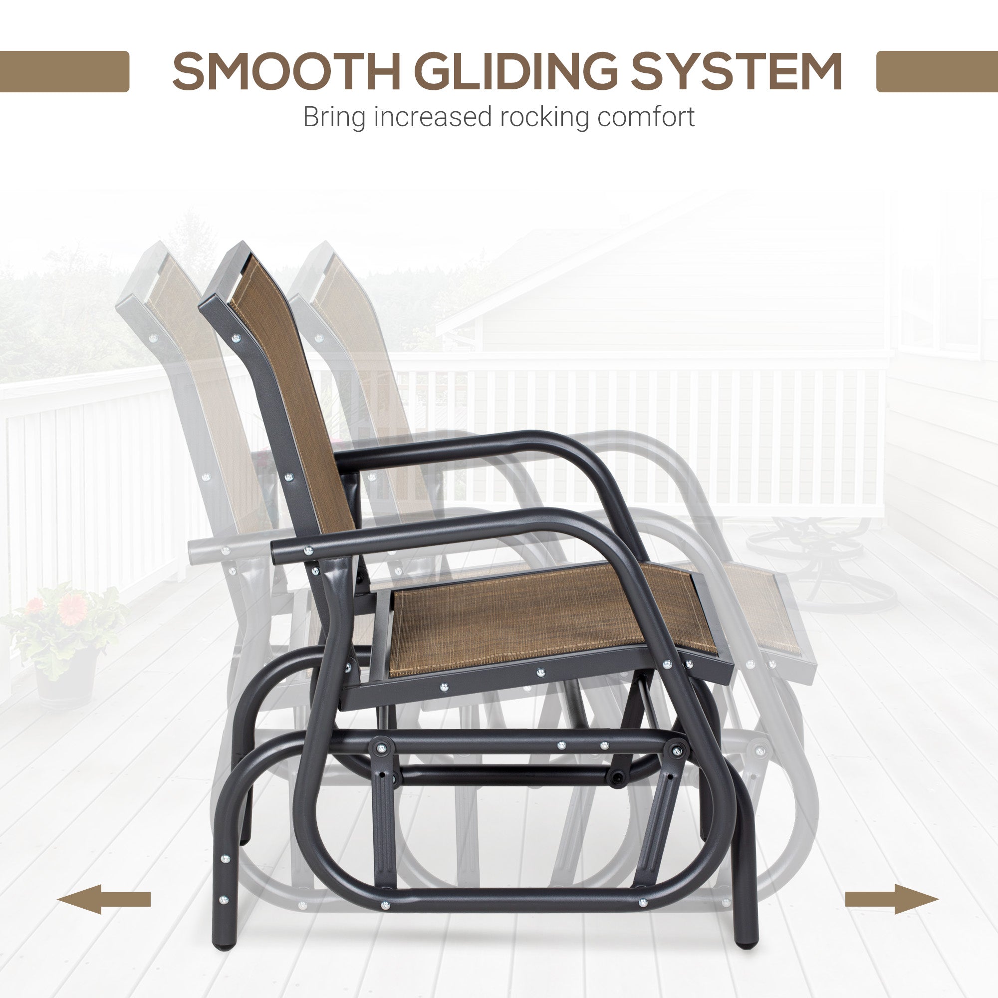 Outdoor Glider Chair, Steel Swing Chai with Curved Armrests for Porch, Garden, Poolside, Balcony, Brown