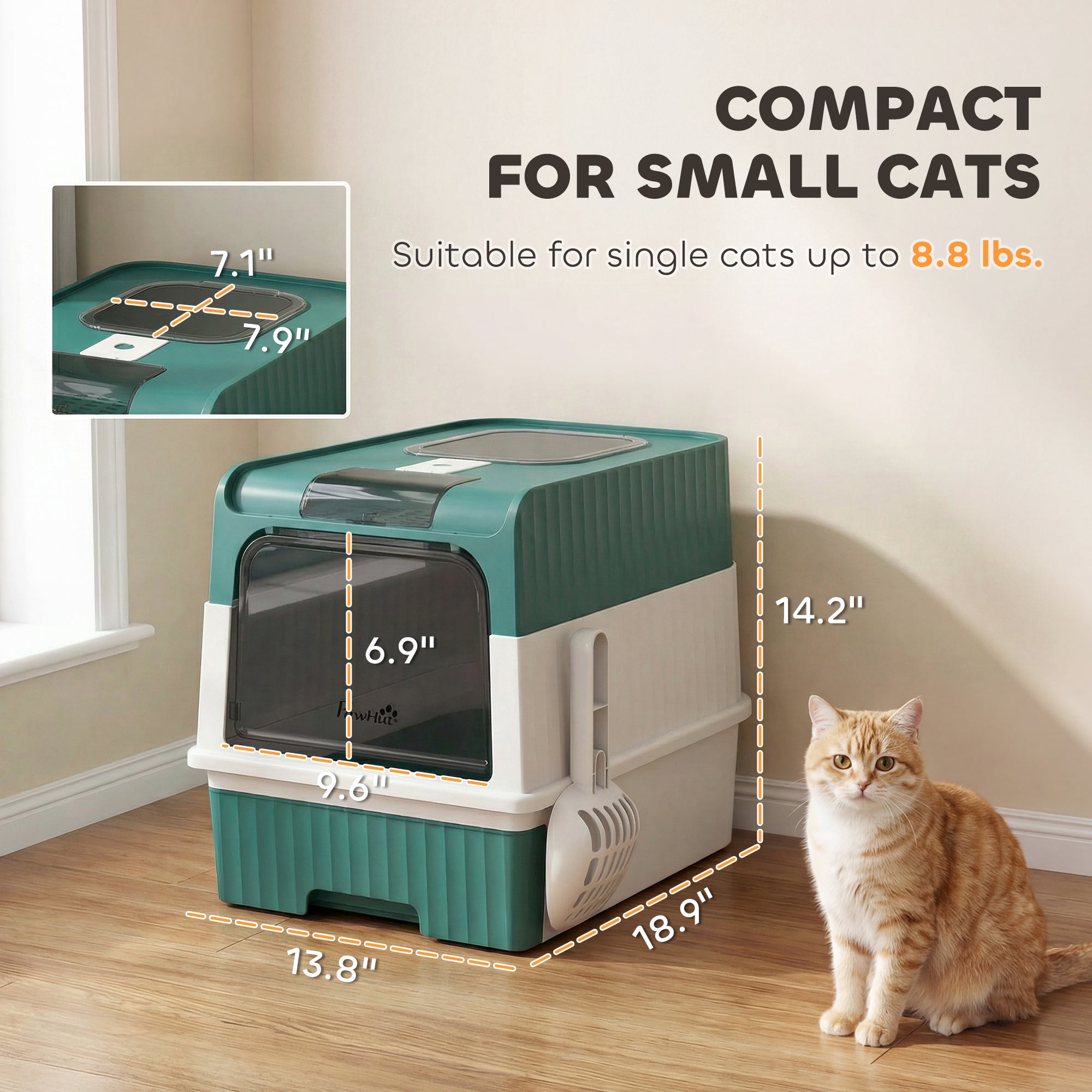 Cat Litter Box Hooded Cat Litter Tray with Drawer Pan Front Entry & Top Exit Easy Cleaning Teal