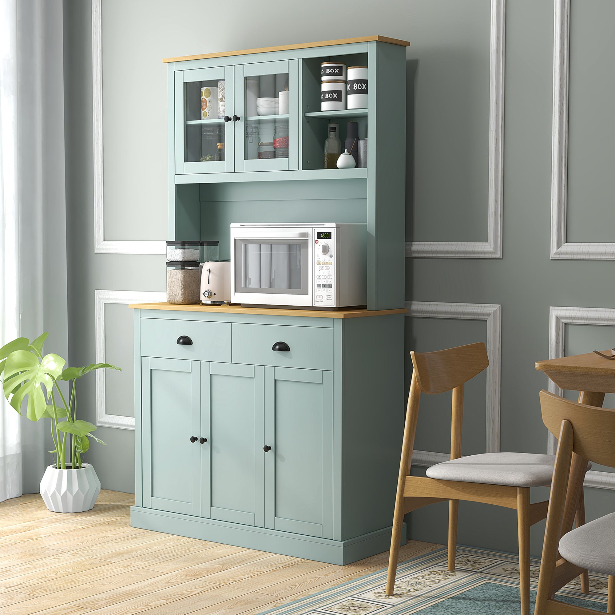 Kitchen Pantry Storage Cabinet with Microwave Stand, 71" Modern Kitchen Hutch with Open Countertop, Glass Doors, Storage Drawers and Adjustable Shelves for Dining Room, Coffee Bar, Light Green