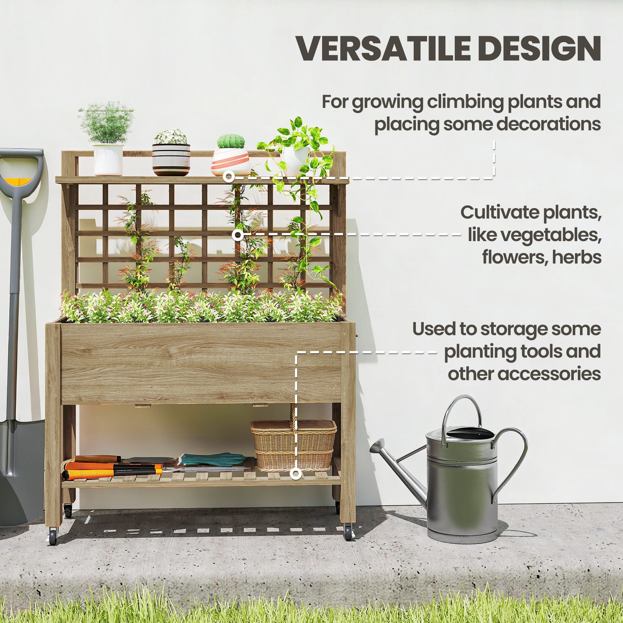 41" Raised Garden Bed Mobile Elevated Wooden Planter Box Stand with Wheels, Trellis and Storage Shelf, Dark Brown