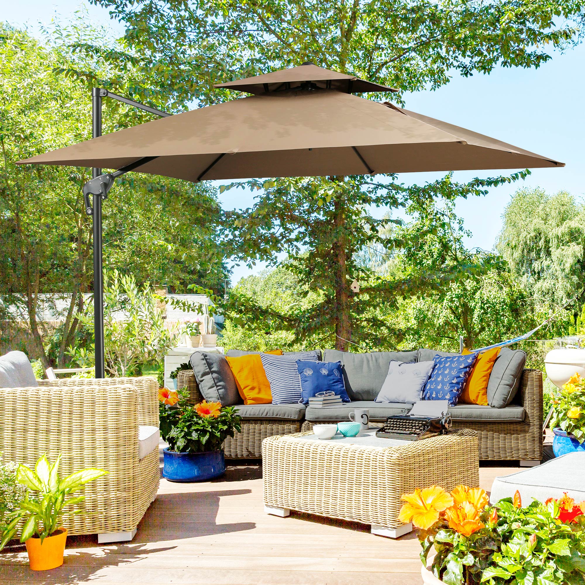 10ft Offset Patio Umbrella with Base, Hanging Aluminum Cantilever Umbrella with 360-degree Rotation, Coffee