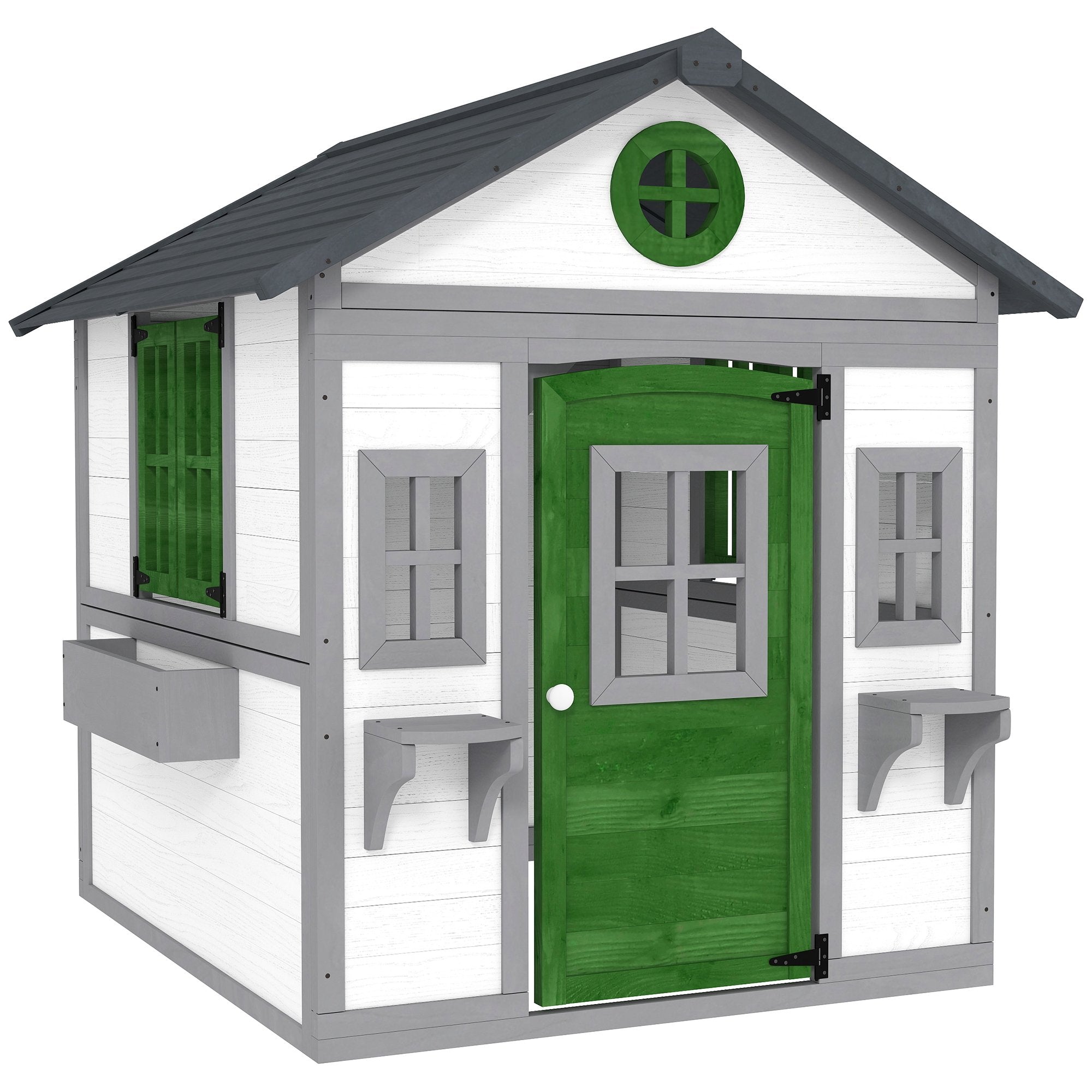 Wooden Playhouse for Kids Outdoor with Doors, Windows, Planter Pots and Boxes for Toddlers 3-8 Years, White