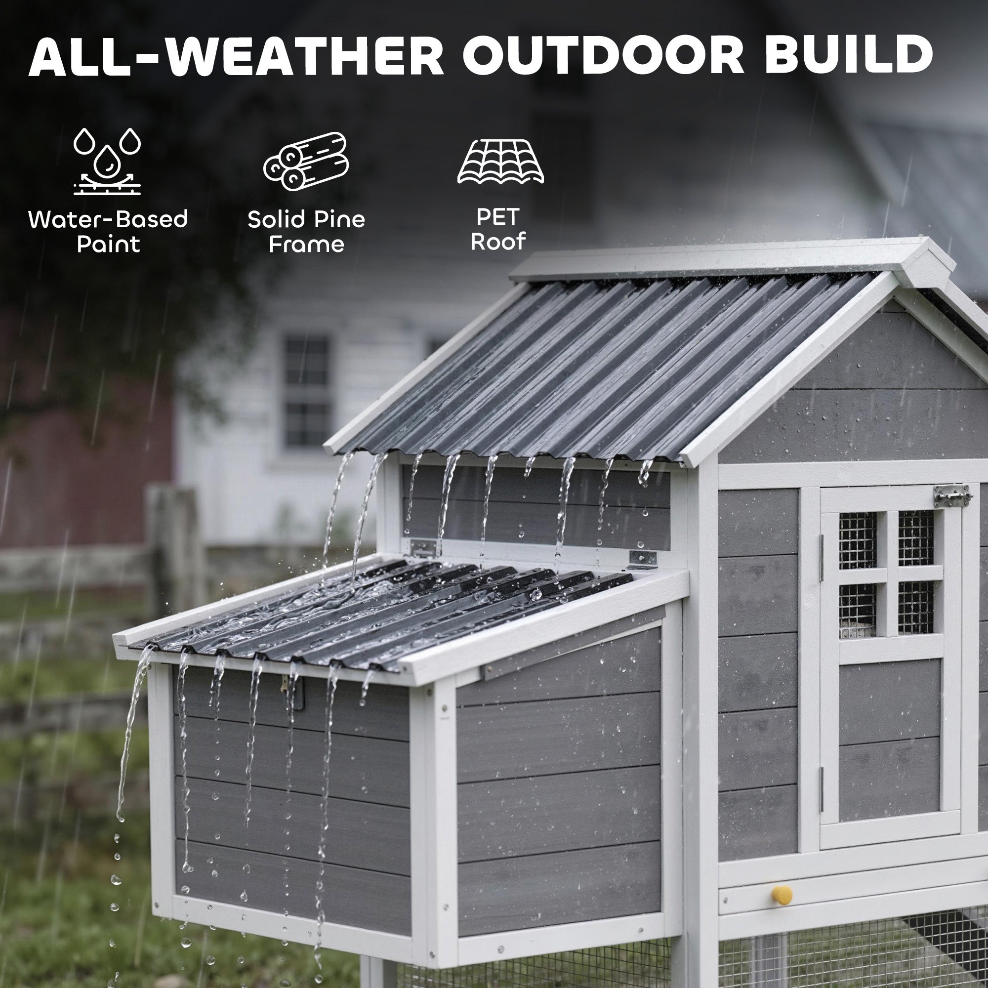 82" Wooden Chicken Coop, Large Outdoor Hen House for 2-3 Hens, Chicken House with Nesting Box, Pull-on Tray