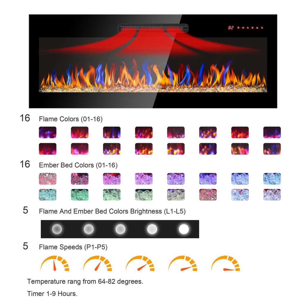50" Ultra Thin Recessed Design Wall Mounted Electric Fireplace with Remote, Multi-Color Flame, Ember Bed, and LED Heater, Antique Black