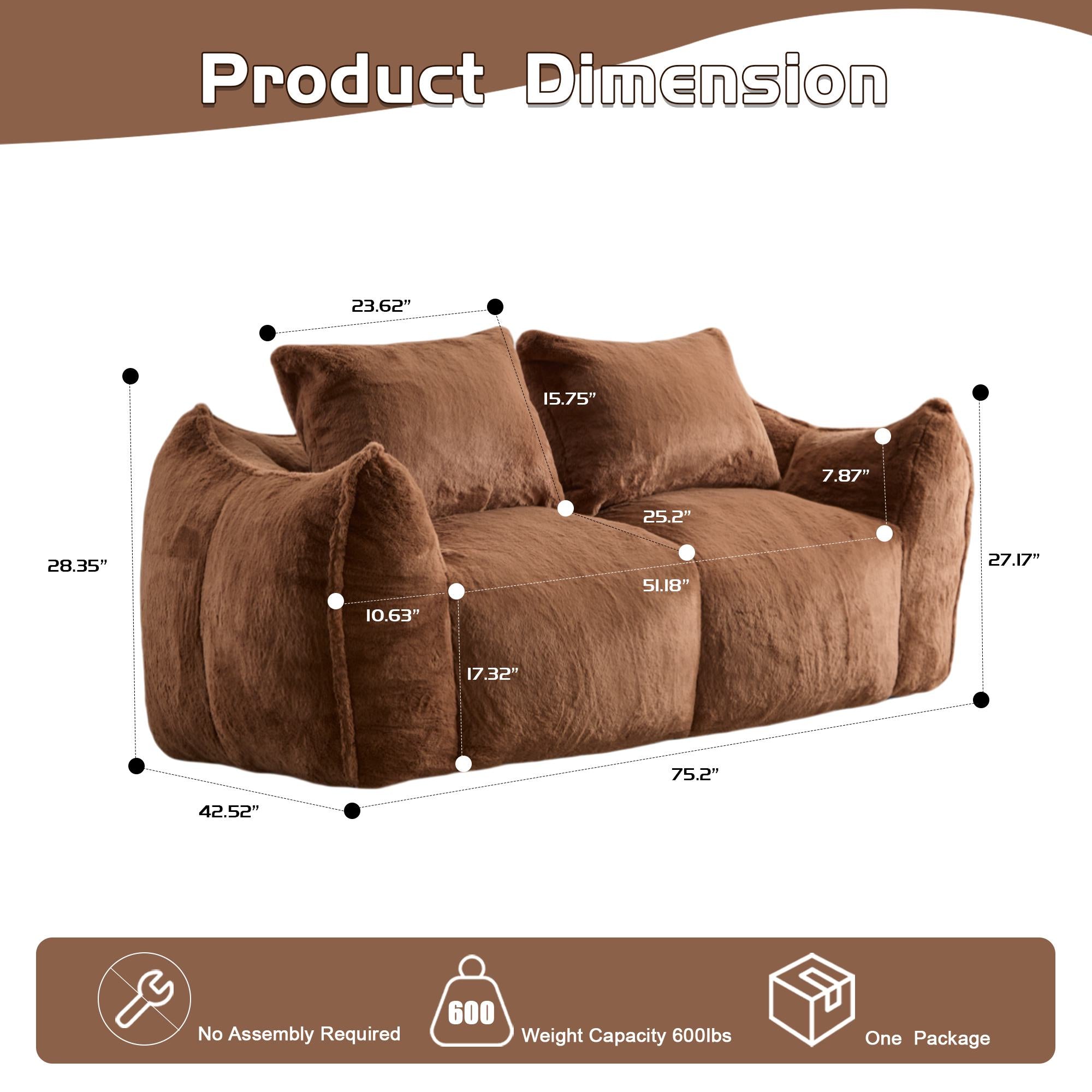 Bean Bag Sofa with High-Density Foam and Faux Fur Fabric, Compressed Sofa Oversized Fluffy Loveseat for Adults, 75" L x 42.5" W x 28.5" H, Brown