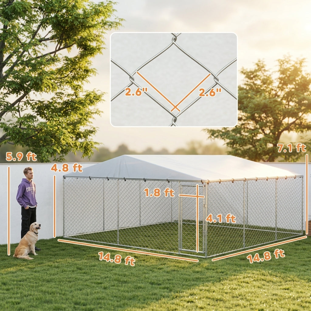 15' x 15' x 7' Dog Kennel Outdoor for Small Medium Large Dogs with Waterproof Roof, Silver