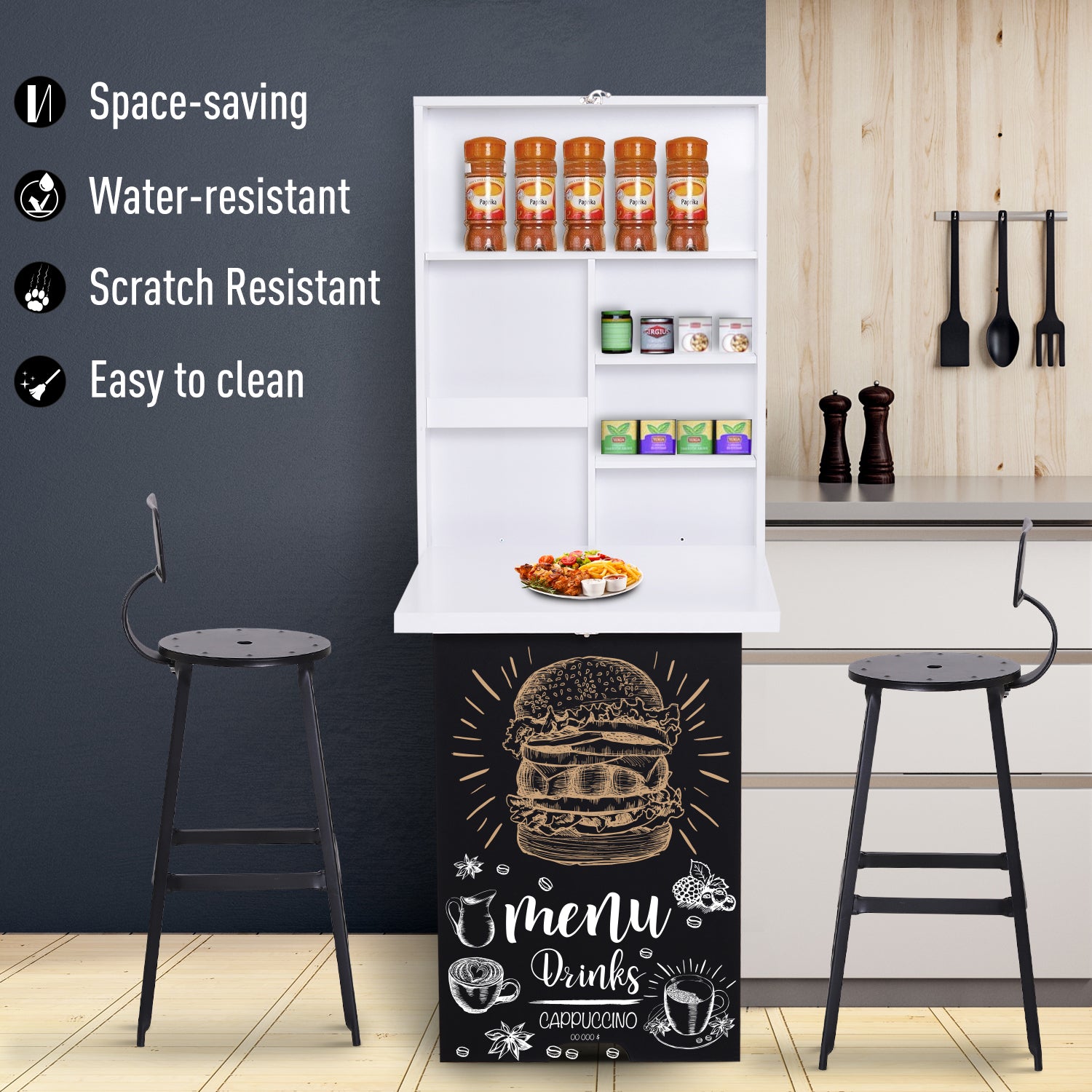 Wall Mounted Foldable Desk with a Blackboard, Fold Out Convertible Floating Desk with Shelves, White