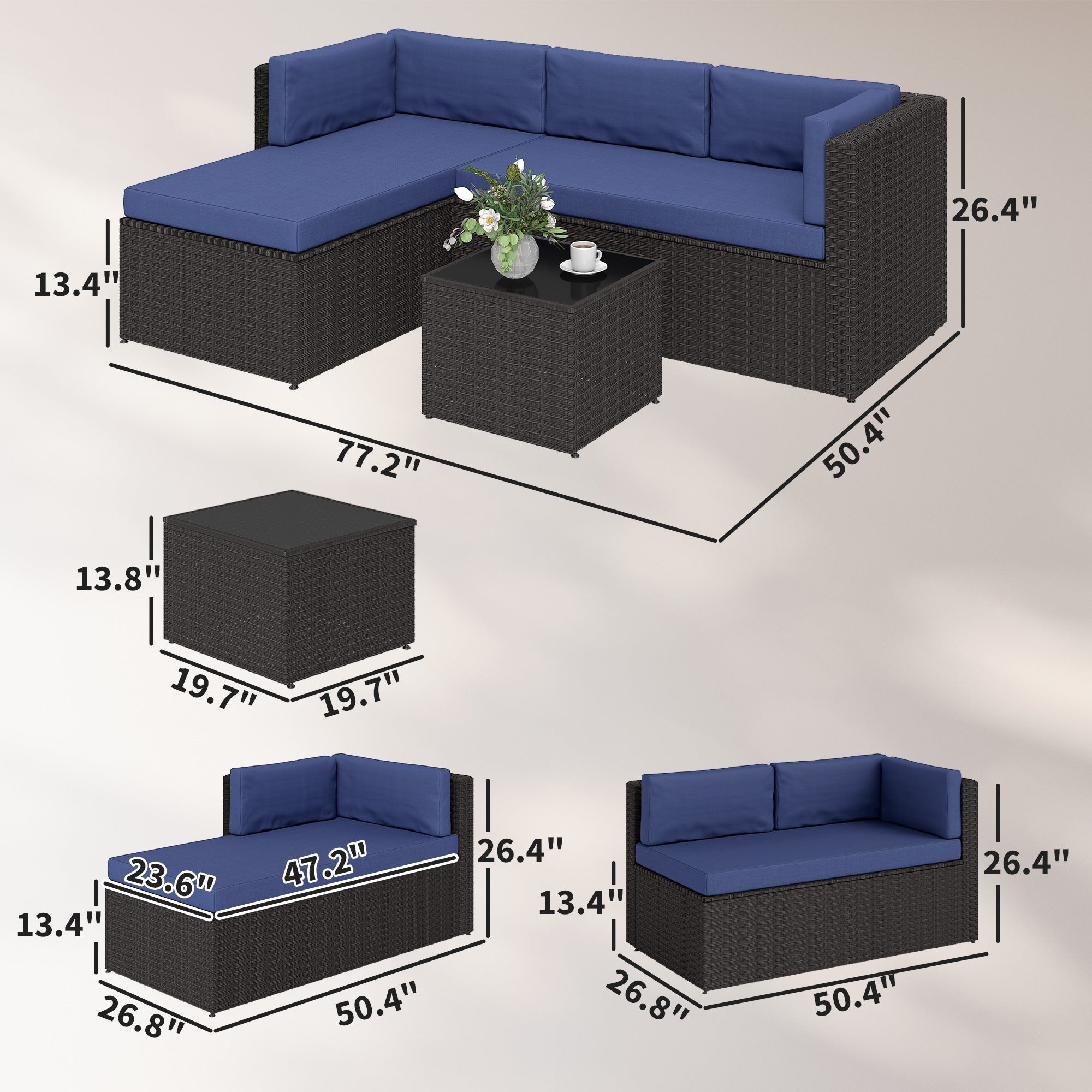 3 Piece Patio Furniture Set, Wicker Outdoor Patio Conversation Furniture Set with Cushions, Glass Top Table, Navy Blue