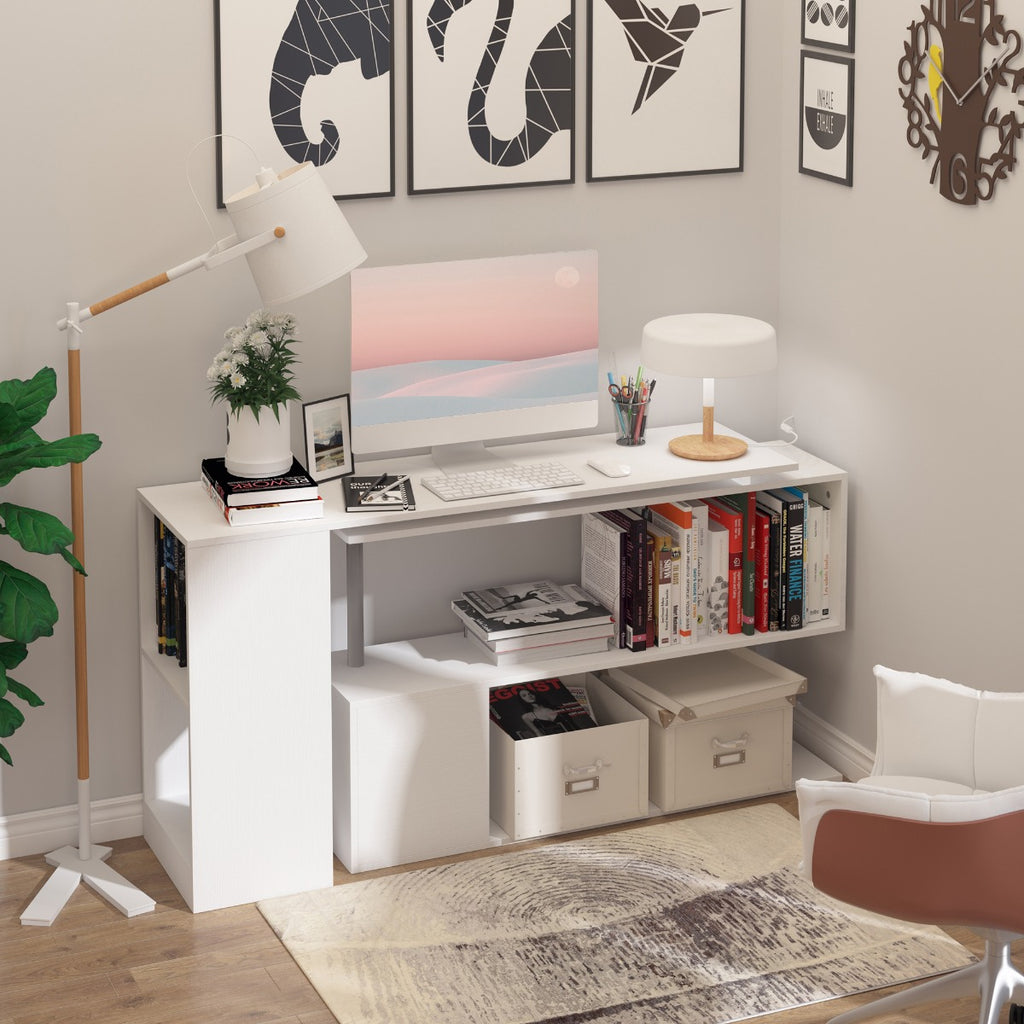 55" 360° Rotating Corner Computer Desk Modern L-Shaped Home Office Workstation with 3-Tier Storage Shelves, Bookshelf, White