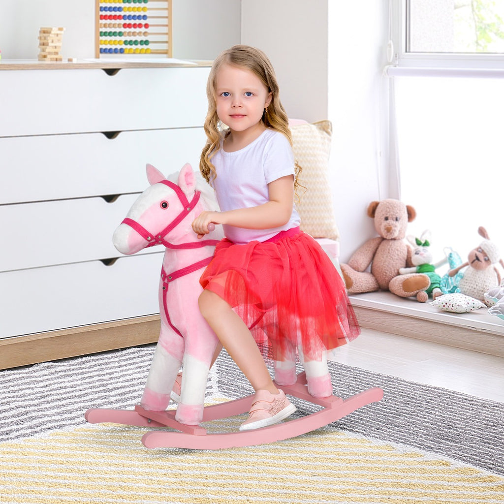 Kids Plush Toy Rocking Horse Pony Toddler Ride on Animal Rocker with Realistic Sounds, Birthday Gifts for Girls, Pink