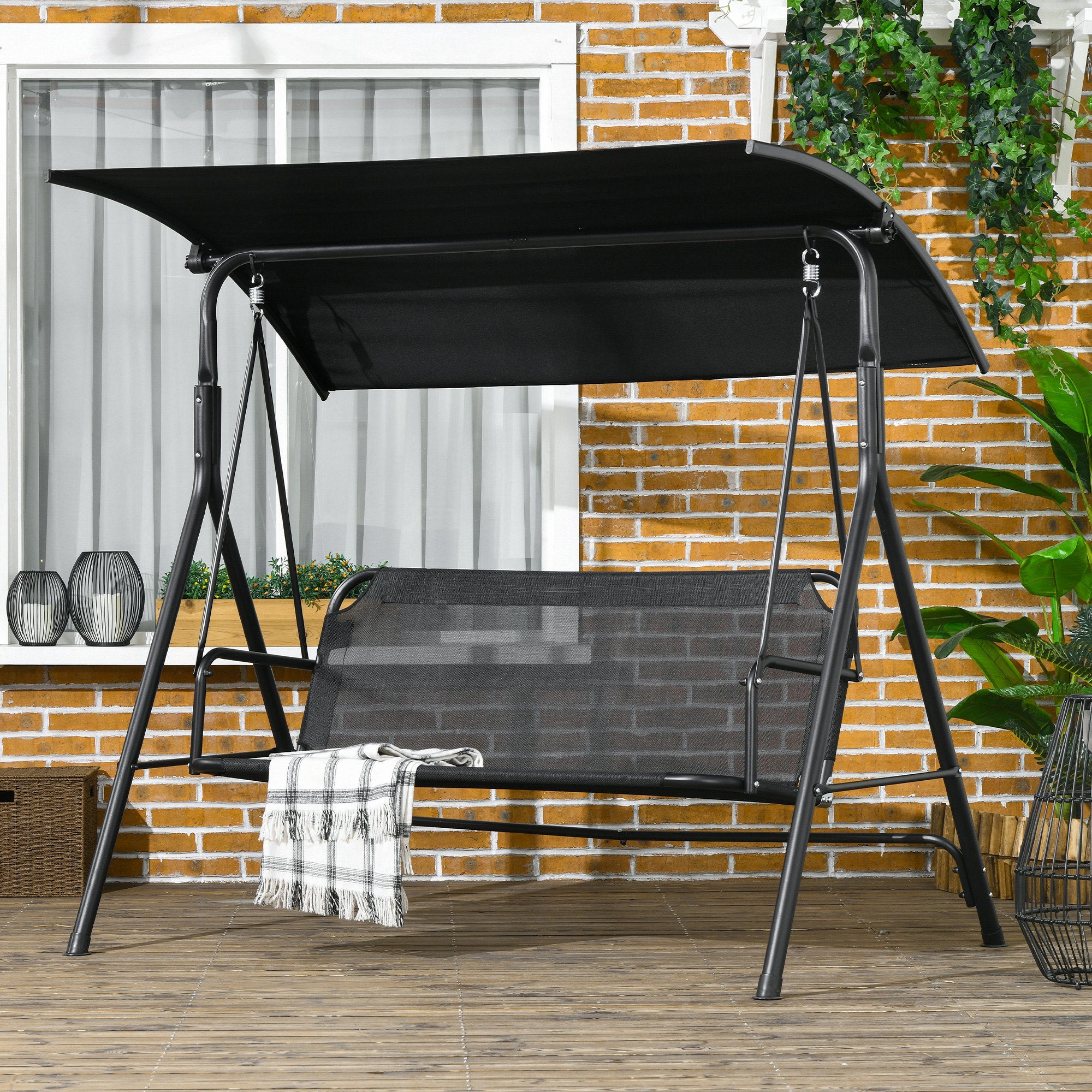 3-Seat Outdoor Patio Swing Chair w/ Cushion, Steel Frame Stand, Adjustable Tilt Canopy for Patio, Garden, Black 1