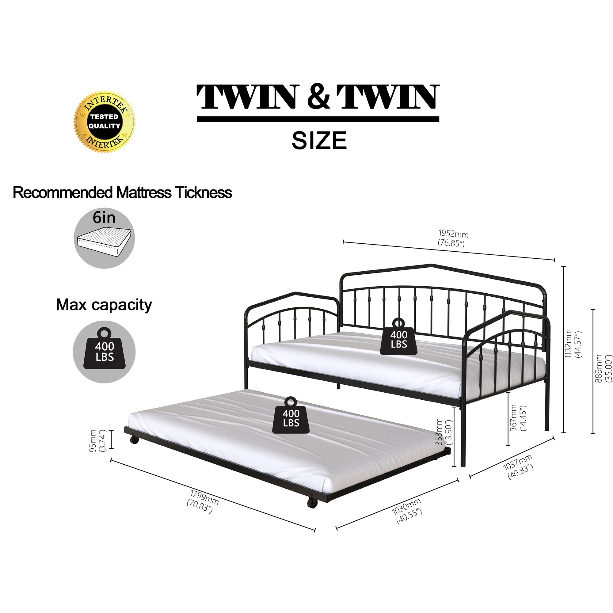 Fox Twin Metal Daybed Frame with Twin Trundle, Anti-Noise Design, No Box Spring Needed, Easy Installation, White