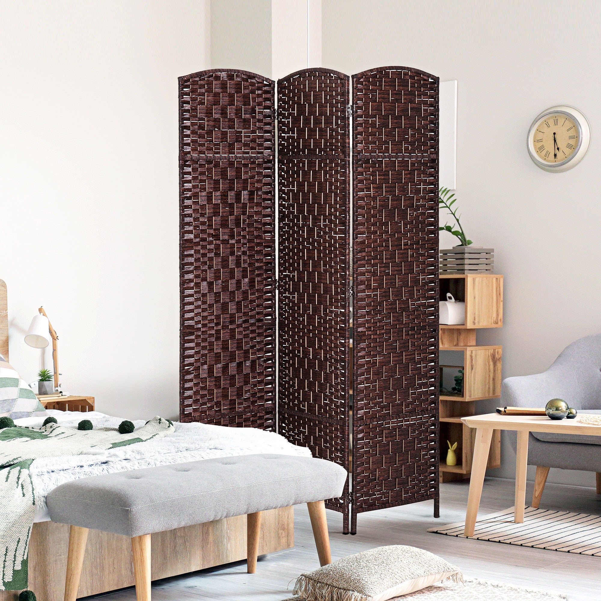 Room Divider 3 Panel, 6FT Tall Folding Privacy Screen, Freestanding Hand-Woven Partition for Room Separation with 360° Hinges, Paper Rope Diamond Weave, Brown
