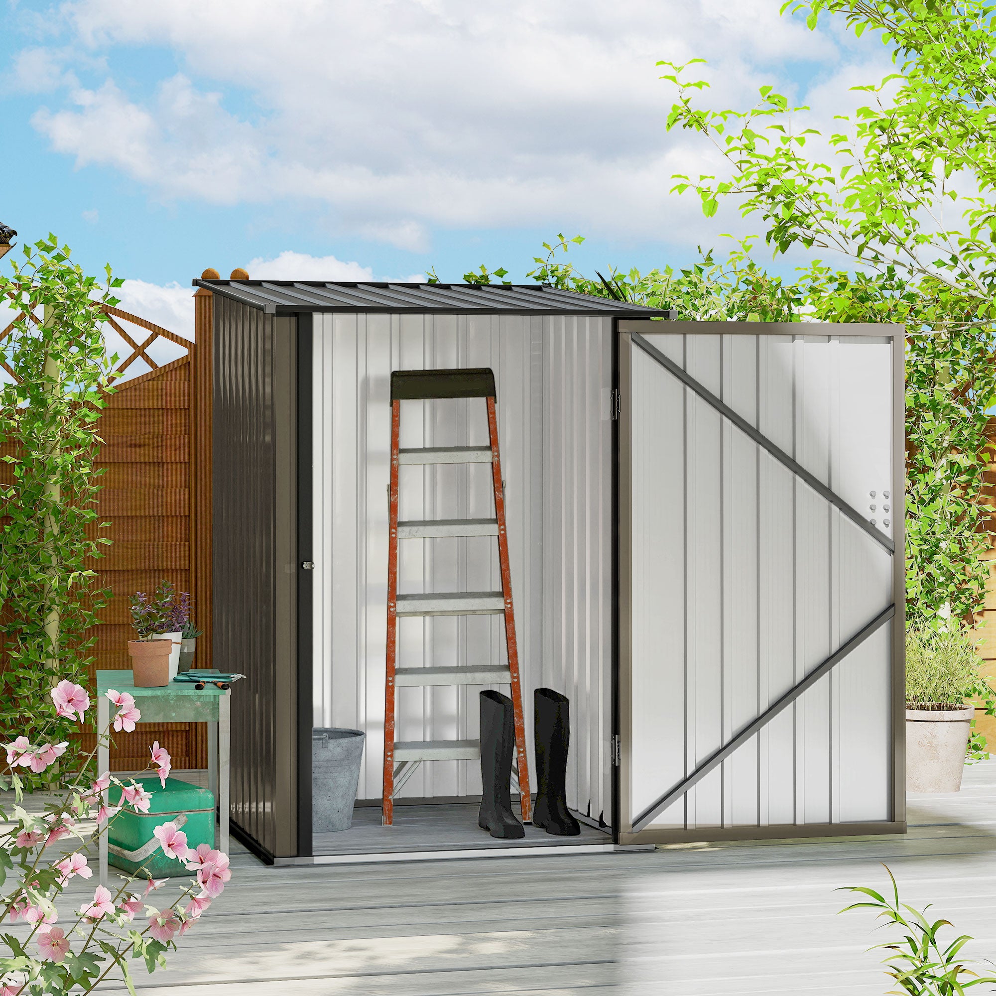 Outdoor 3.3' x 3.4' Lean-to Garden Storage Shed, Galvanized Steel Tool House with Lockable Door for Patio, Brown
