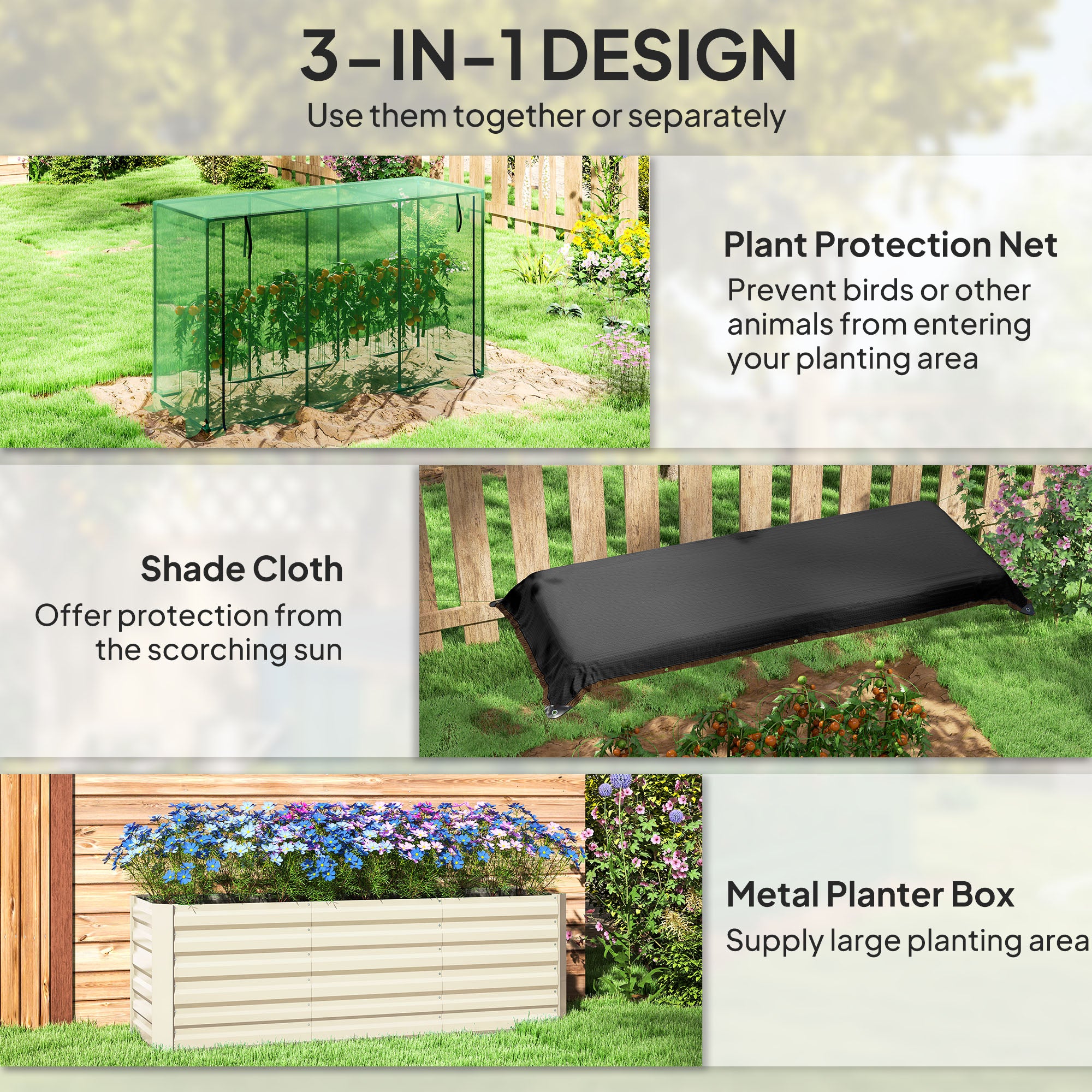 Galvanized Steel Planter Box with Crop Cage and Shade Cloth, Raised Garden Bed for Flowers, Veggies and Herbs, Beige