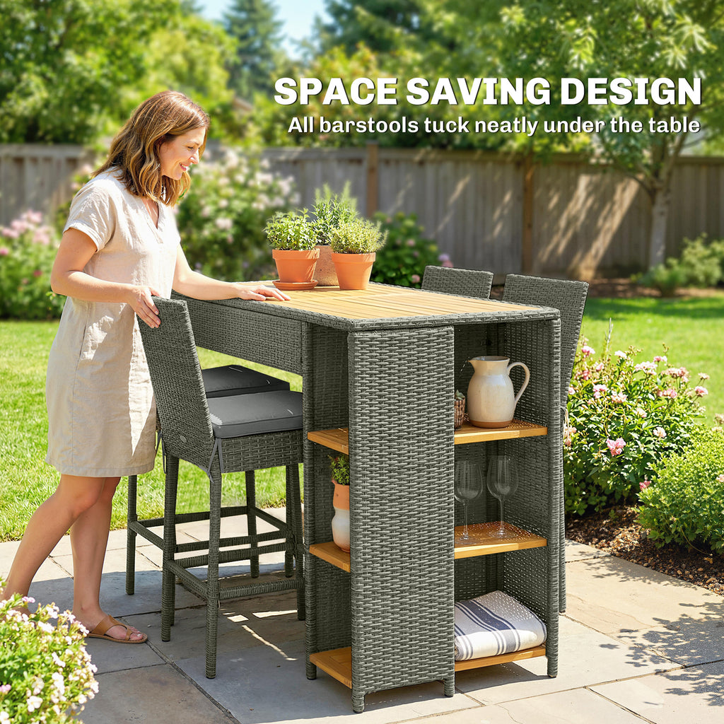 5 Piece Wicker Outdoor Bar Set, Acacia Wood Outdoor High Top Table and Chairs with 3 Tier Shelves, Cushions, Gray