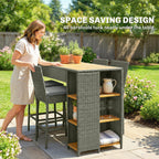 5 Piece Wicker Outdoor Bar Set, Acacia Wood Outdoor High Top Table and Chairs with 3 Tier Shelves, Cushions, Gray