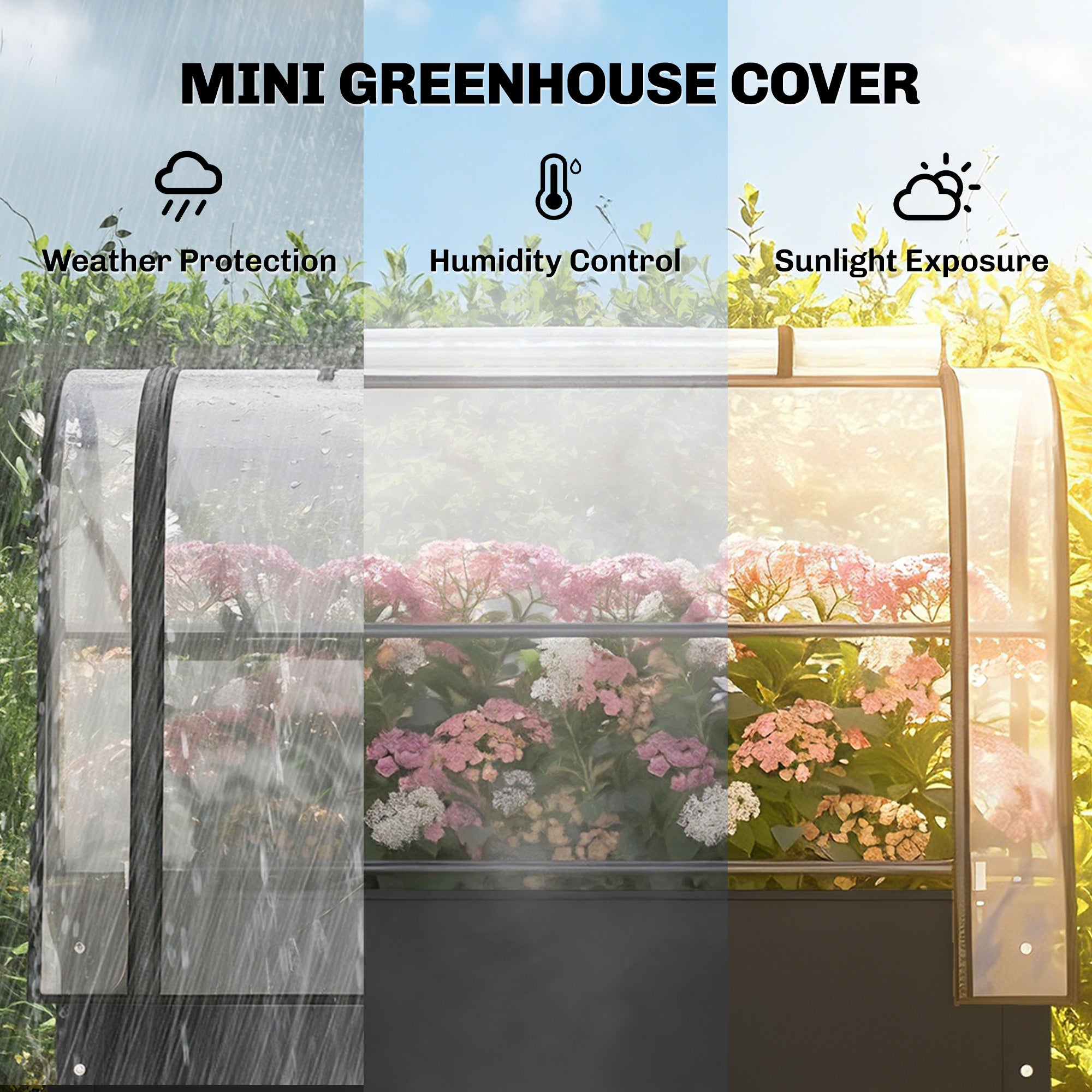 Raised Garden Bed with Flip-Up Greenhouse Cover, Metal Elevated Garden Bed with Legs and Drainage Hole, Black