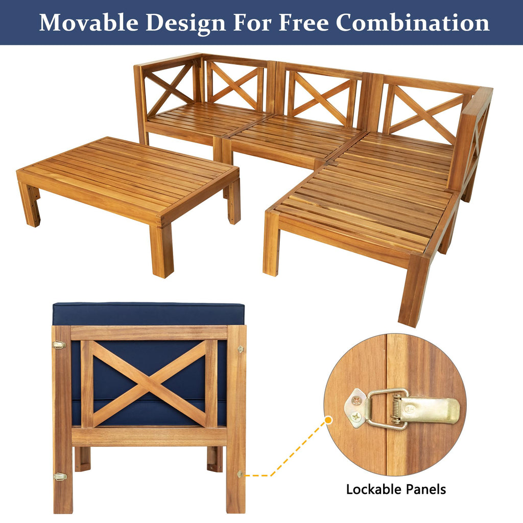 Casual Outdoor Sectional Sofa with Wood Frame & Cushions, Patio Seating Group for Backyard, 25.5" L x 25.5" W x 25.5" H, Natural