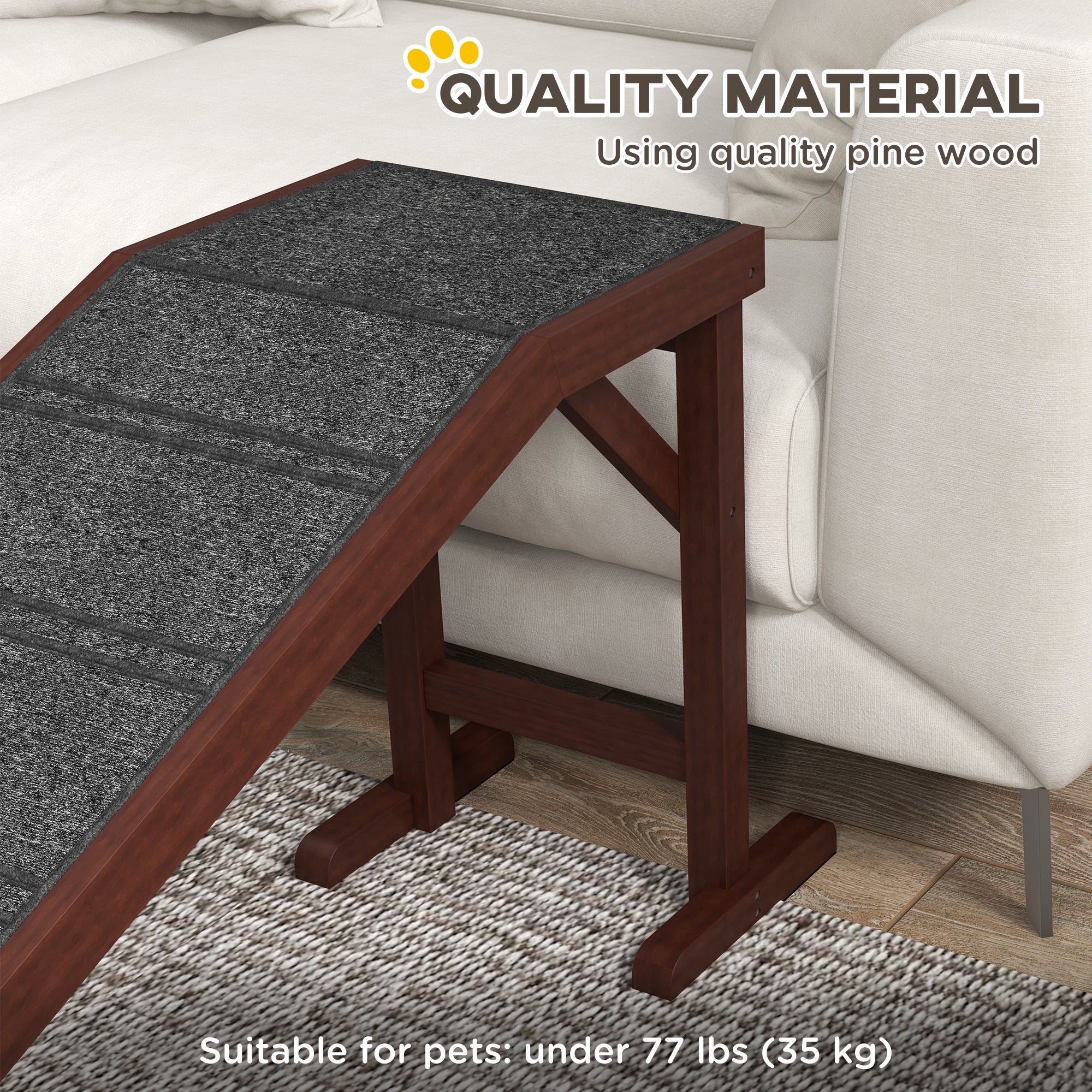 Dog Ramp for Bed, Pet Ramp for Dogs with Non-Slip Carpet and Top Platform, 74" x 16" x 25", Brown