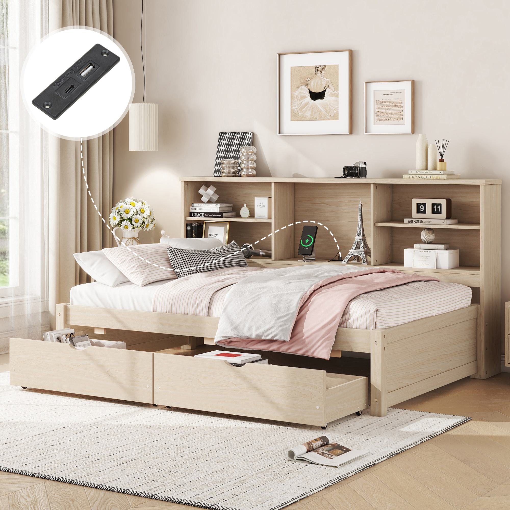 Twin Size Bed Frame with Side Bookshelves, Two Drawers, Built-in USB Port, and Adjustable Shelves, 81" L x 50" W x 41" H, Natural