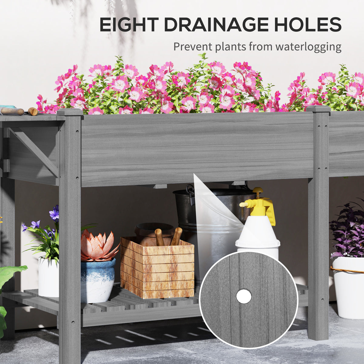 Wood Raised Garden Box, Elevated Garden Bed with Side Table, Bottom Shelf, Bed Liners and Drainage Holes, Gray