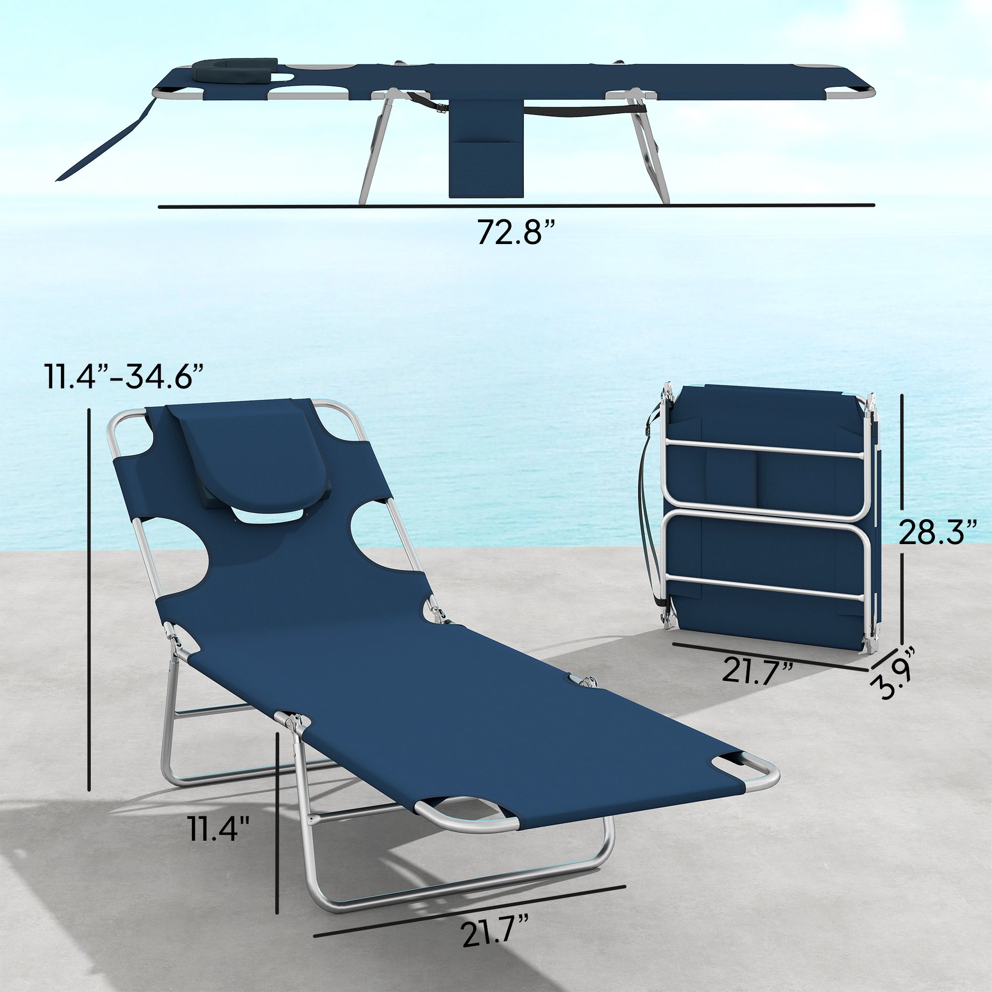 2 Tanning Chairs with Face Hole, 5-Level Adjustable Outdoor Chaise Lounge Chair with Pillow for Beach, Pool, Dark Blue