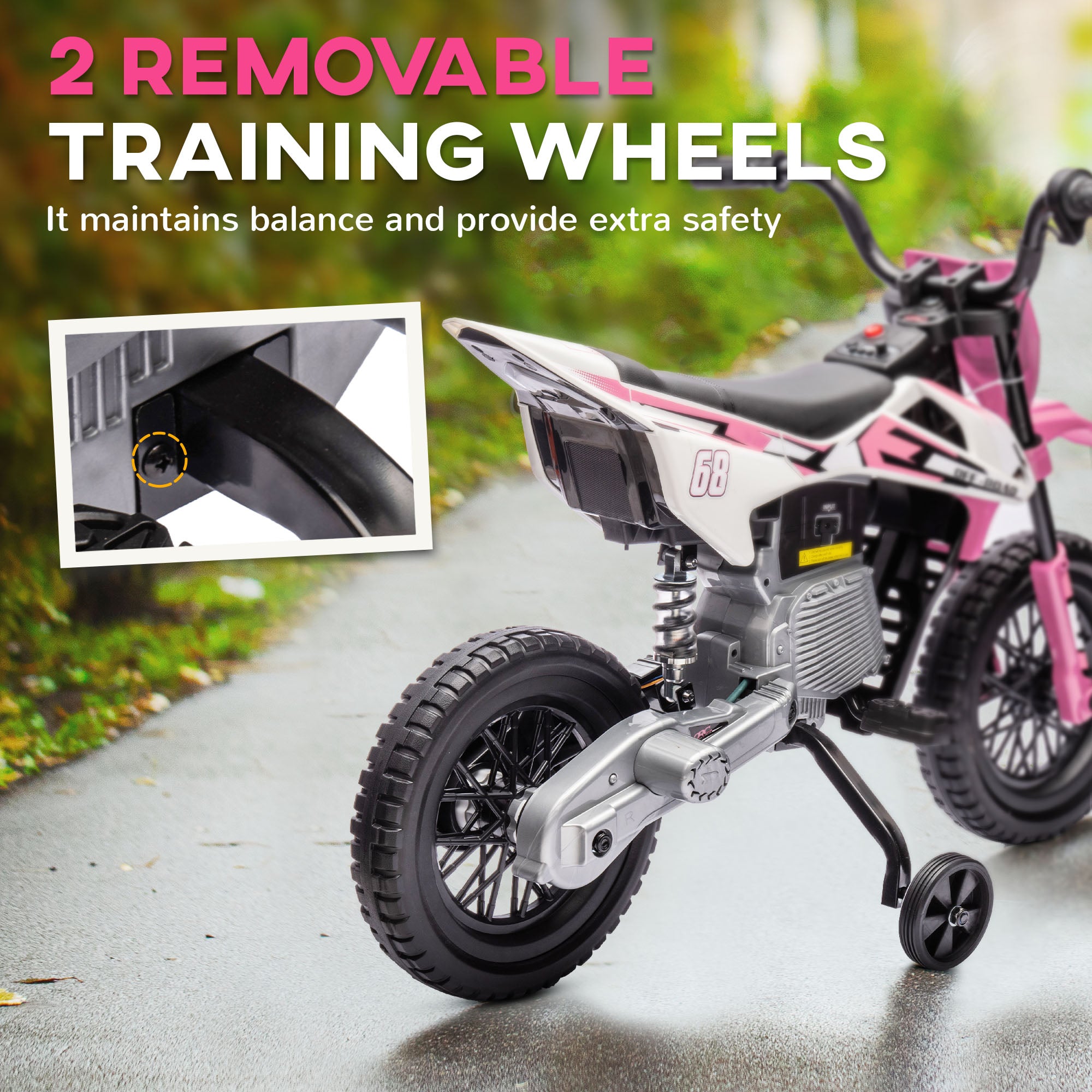 12V Kids Electric Motorcycle w/ Twist Grip Throttle, Training Wheels, Rear Suspension & Music, Pink