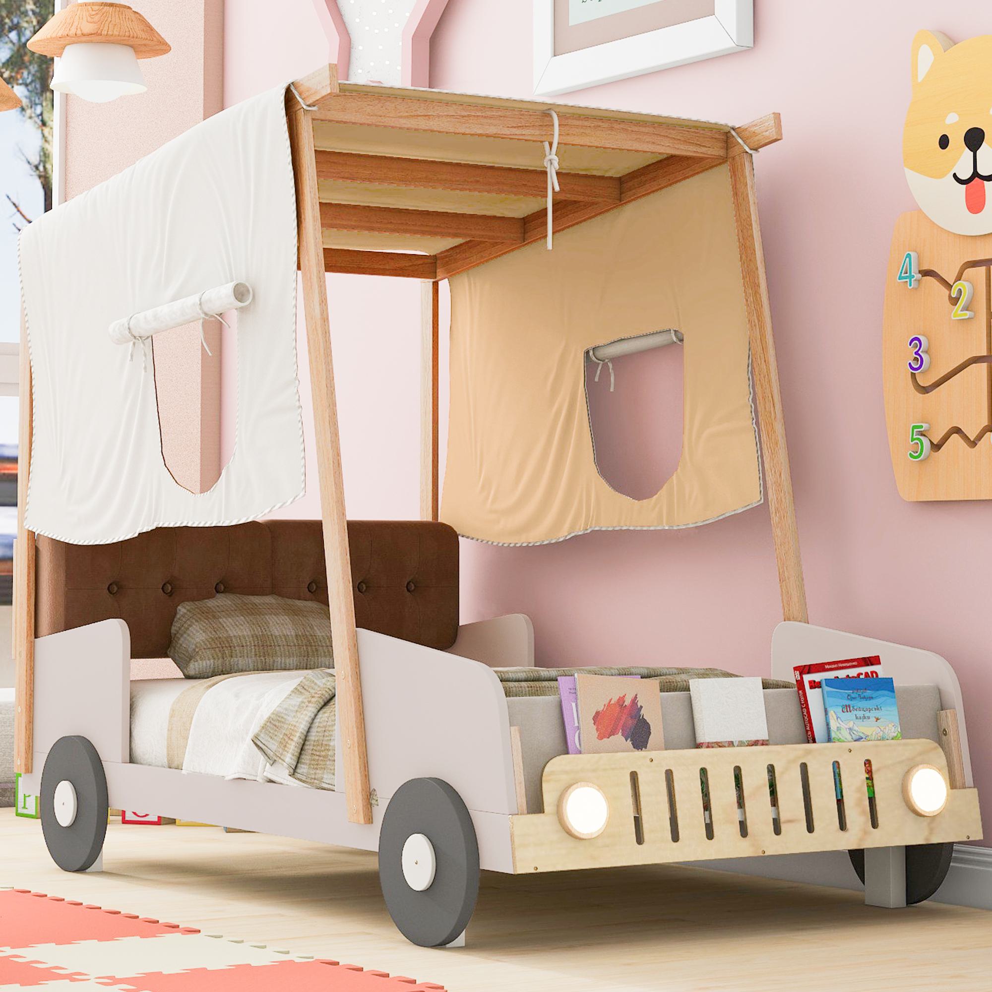 Wood Twin Size Car Bed with Pillow, Ceiling Cloth, LED Lights, and Magazine Holder, 79" L x 42.5" W x 62" H, Natural