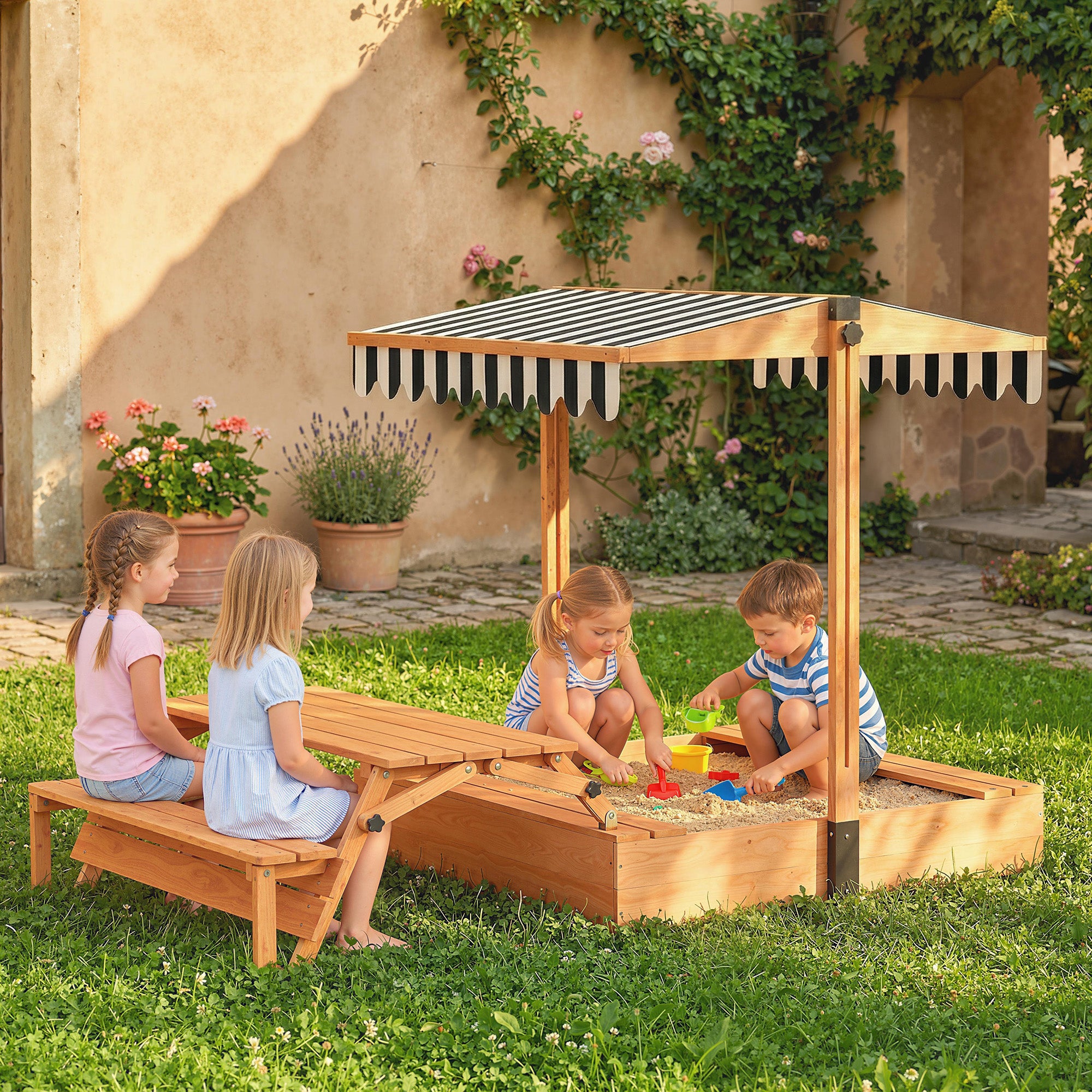 Kids Sandbox with Lid, Wooden Sand Pit with Canopy, Foldable Picnic Table, Bench Seats, Bottom Liner, Cover, Brown