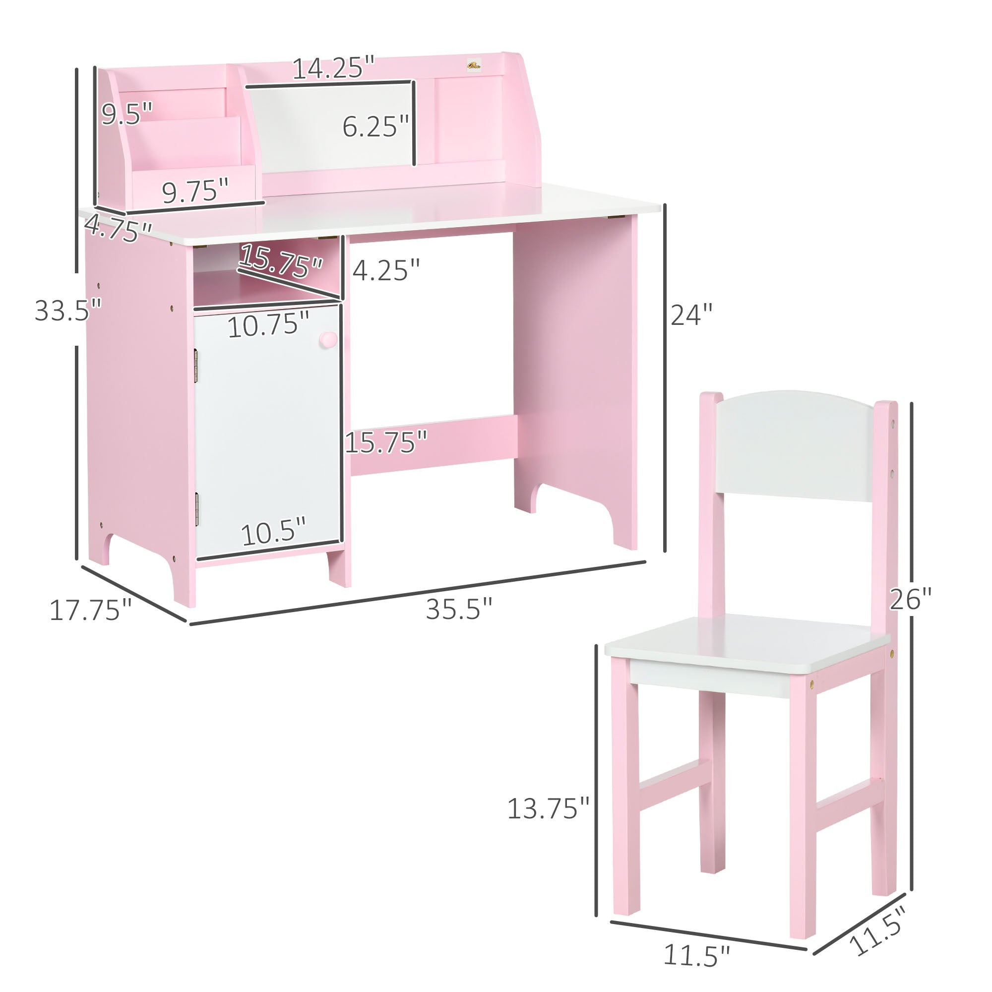 Toddler Table and Chair Set, Kids Writing Desk Homework Table with Whiteboard, Storage Cabinet, Pink