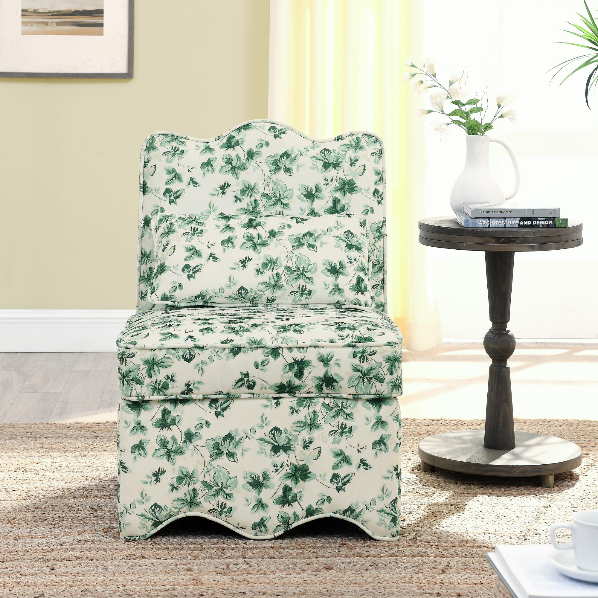 Flannel Single Dining Chair with Floral Pattern, Soft Padded Seat & Back, Armless Seat for Dining Room, 23.5" L x 26" W x 33.5" H, Green