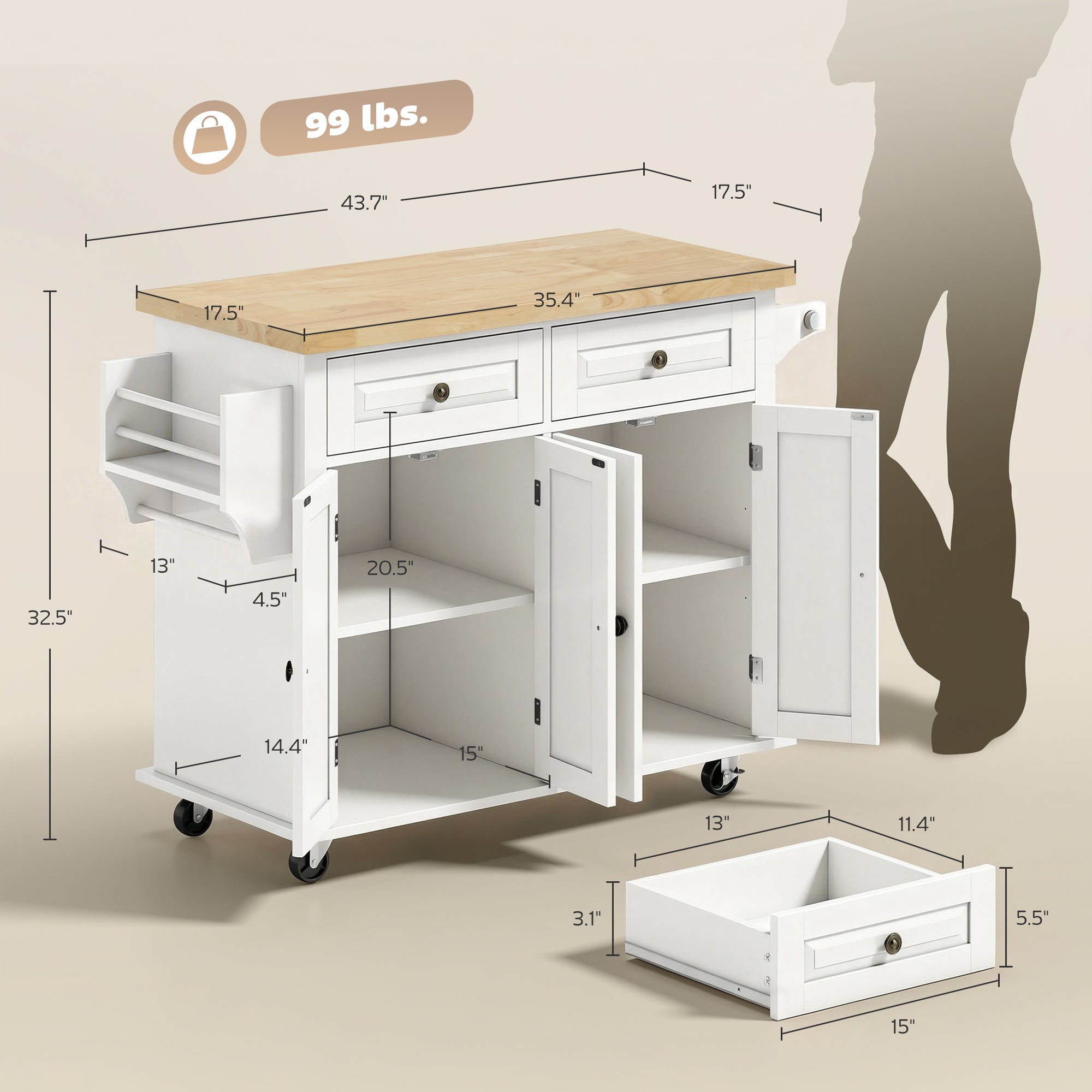 44" Mobile Kitchen Island Table, Kitchen Island Cart on Wheels with Storage Cabinets, 2 Drawers, White