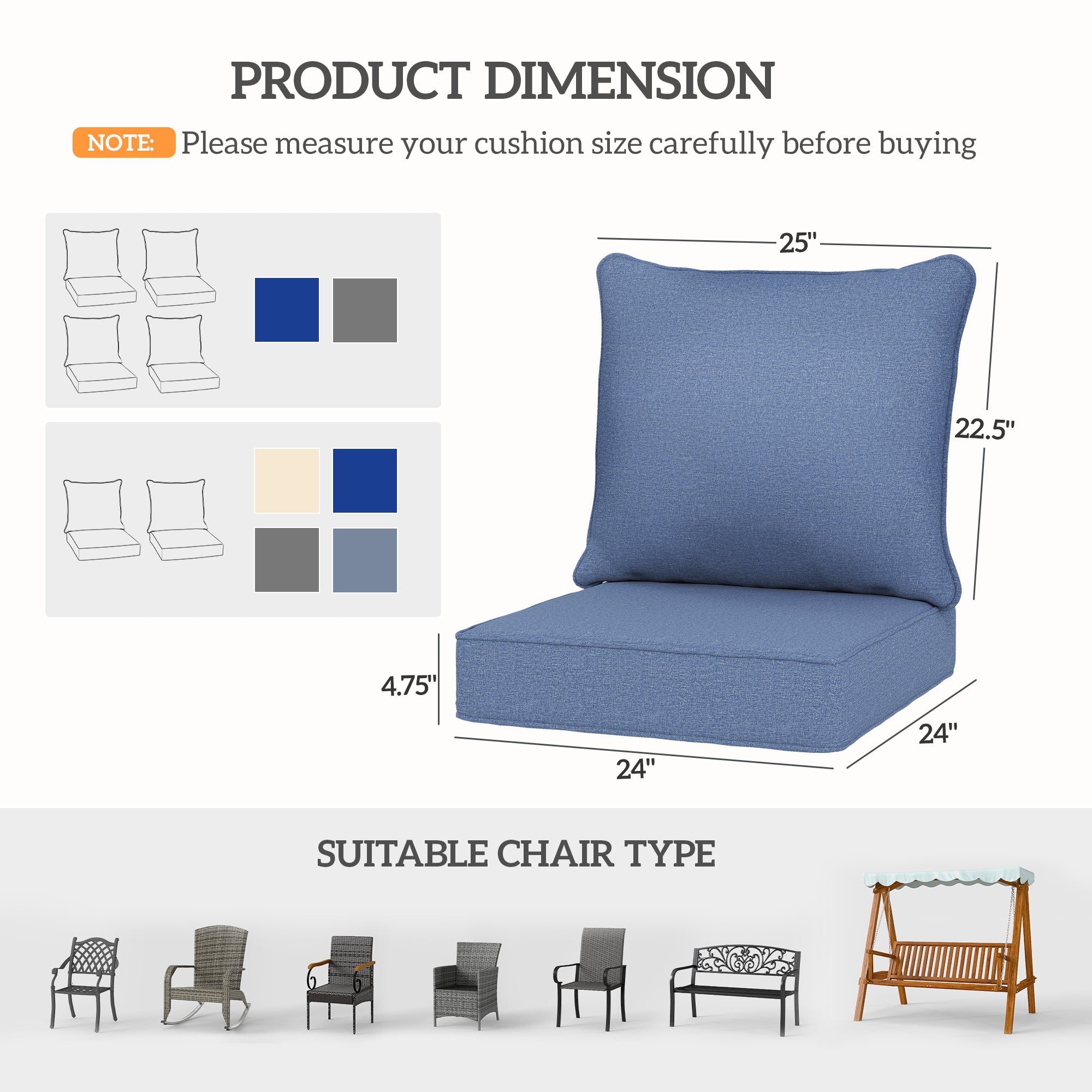Patio Chair Cushions Set of 2 with Seat & Backrest, Fade Resistant Seat Replacement Cushion Set, Blue