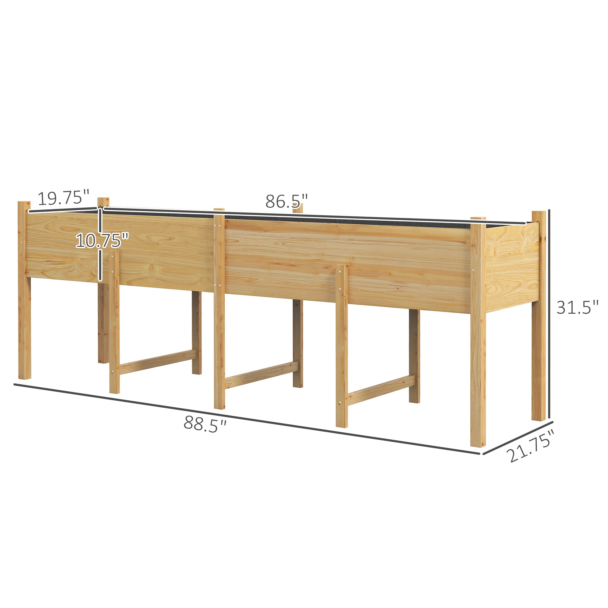 Wooden Raised Garden Bed, Large Elevated Planter Box with Legs, Bed Liner and Drain Holes, 7.4' x 1.8' x 2.6', Natural