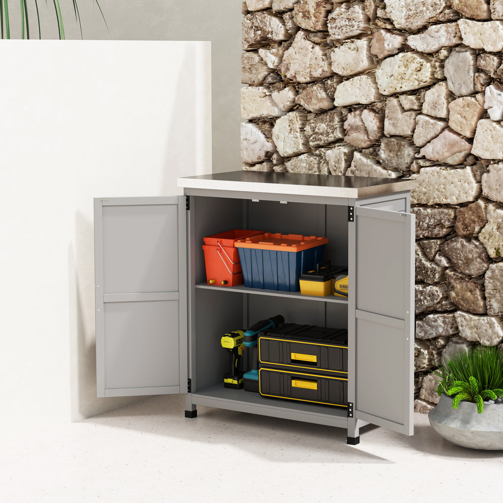 Wooden Storage Cabinet, Outdoor Prep Table with Metal Tabletop, Shelves and Double Doors for Patio, Garden, Gray