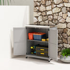 Wooden Storage Cabinet, Outdoor Prep Table with Metal Tabletop, Shelves and Double Doors for Patio, Garden, Gray
