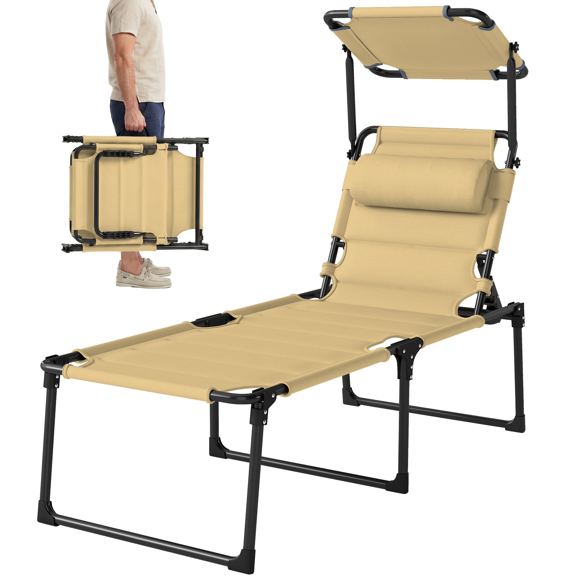Outdoor Lounge Chair, 4 Position Adjustable Backrest, Folding, Cushioned w/ Sun Shade Roof & Pillow, Cream White