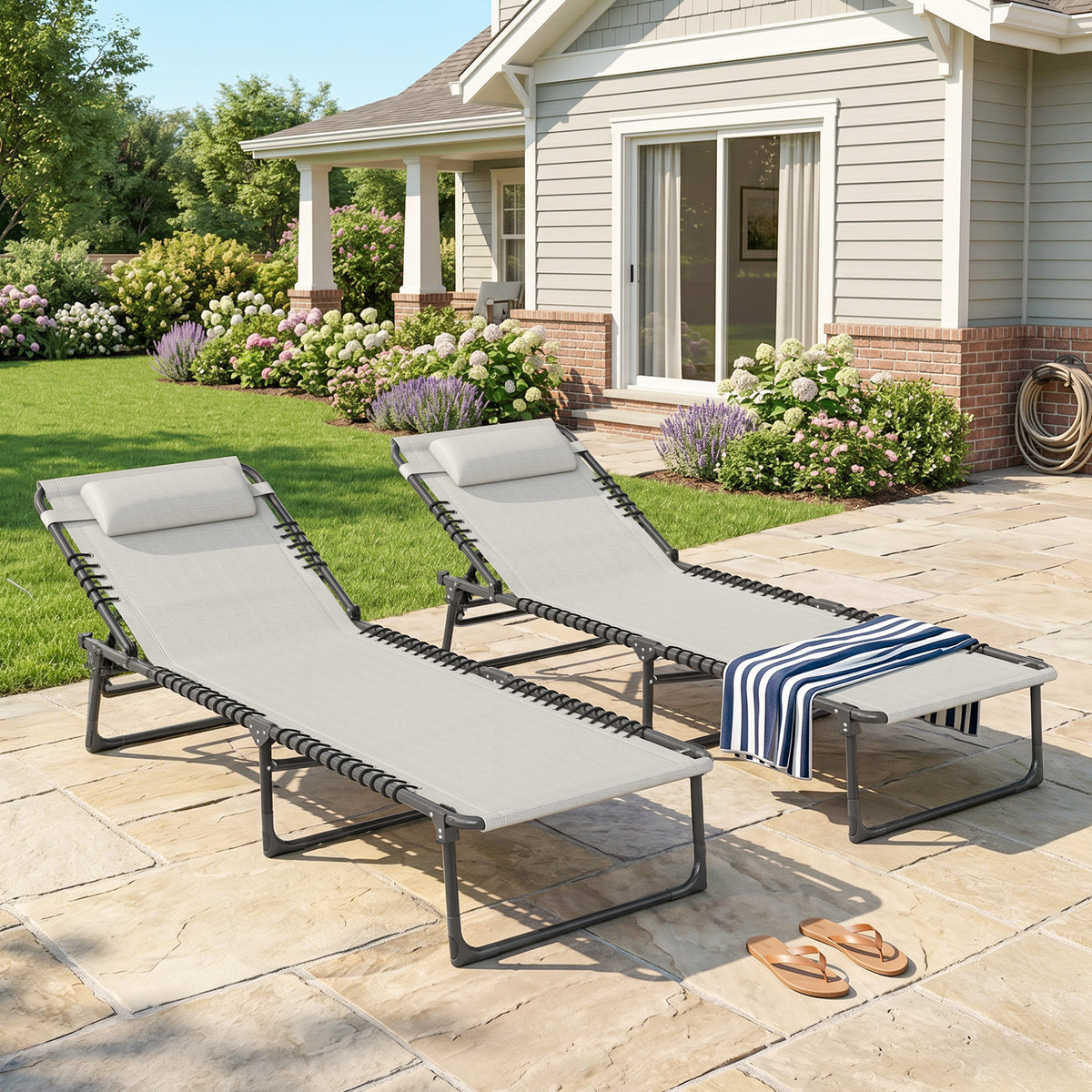 2 Folding Chaise Lounge Pool Chairs with 4-Position Reclining Back, Pillow, Breathable Mesh & Bungee Seat, Dark Blue