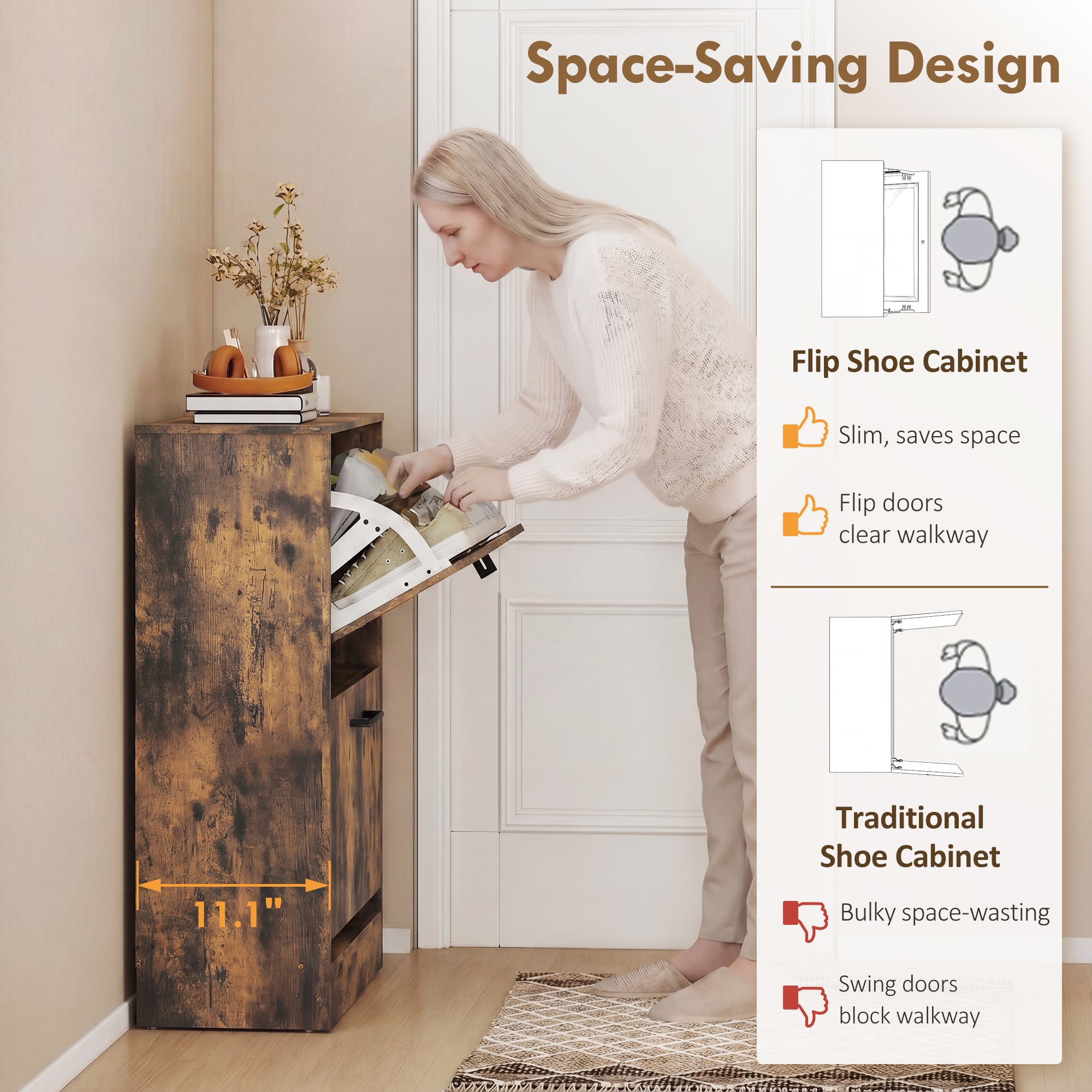 Shoe Cabinet 2 Flip Drawers Narrow Shoe Storage Unit Adjustable Dividers Entryway Hallway Rustic Brown