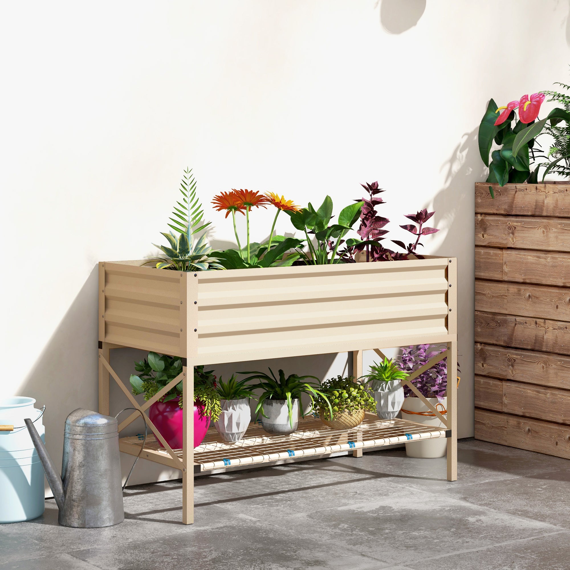 Galvanized Raised Garden Bed, Metal Planter Box with Legs, Storage Shelf and Bed Liner, Cream