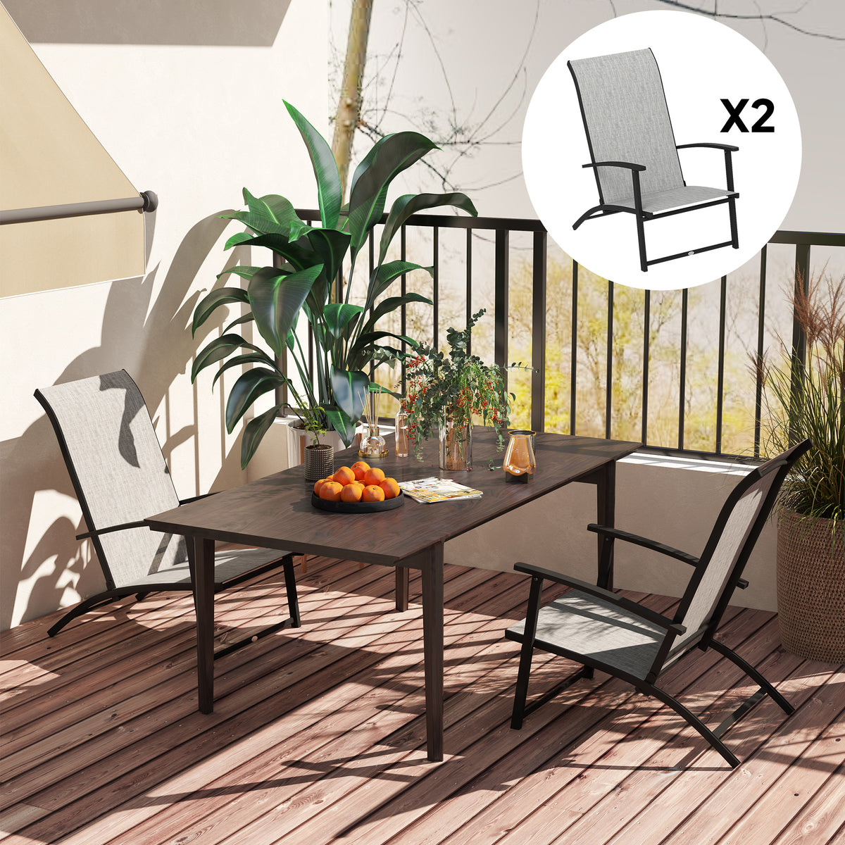 Set of 2 Outdoor Dining Chairs with High Back, Armrests, Folding Patio Chairs for Patio, Lawn, Camping, Gray